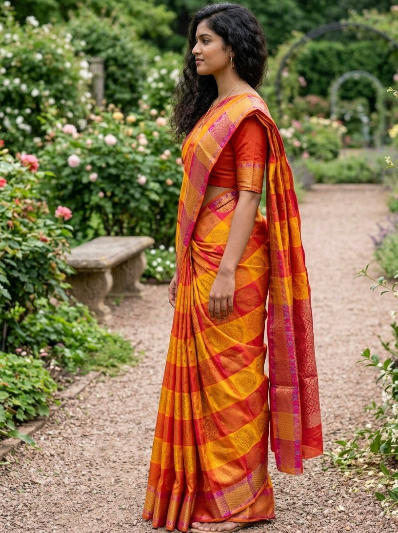 Banarasi Semi Silk Check Patterned Saree With Zari Weaving -Yellow