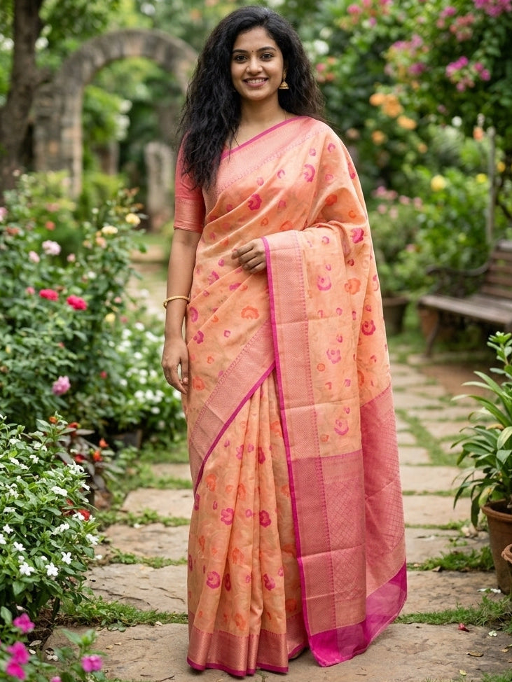 Banarasi Kora Saree With Multi Jaal Meena Weaving-Peach