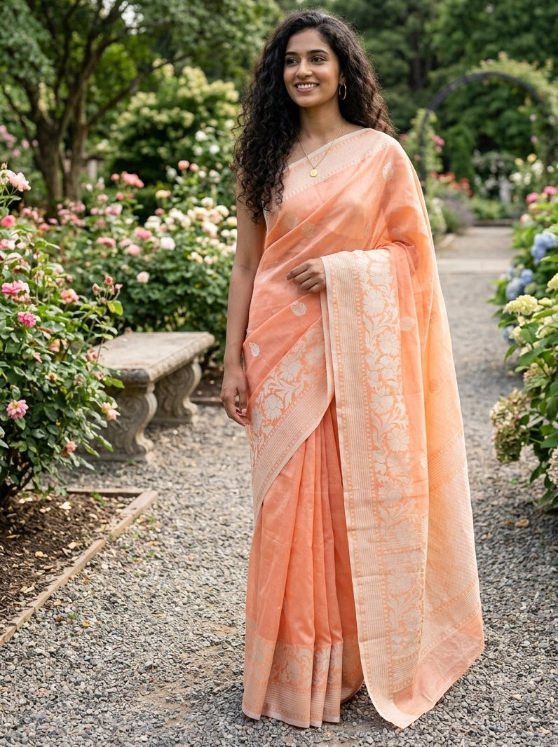 Banarasi Dupion Linen Saree With Silver Buti Weaving-Peach
