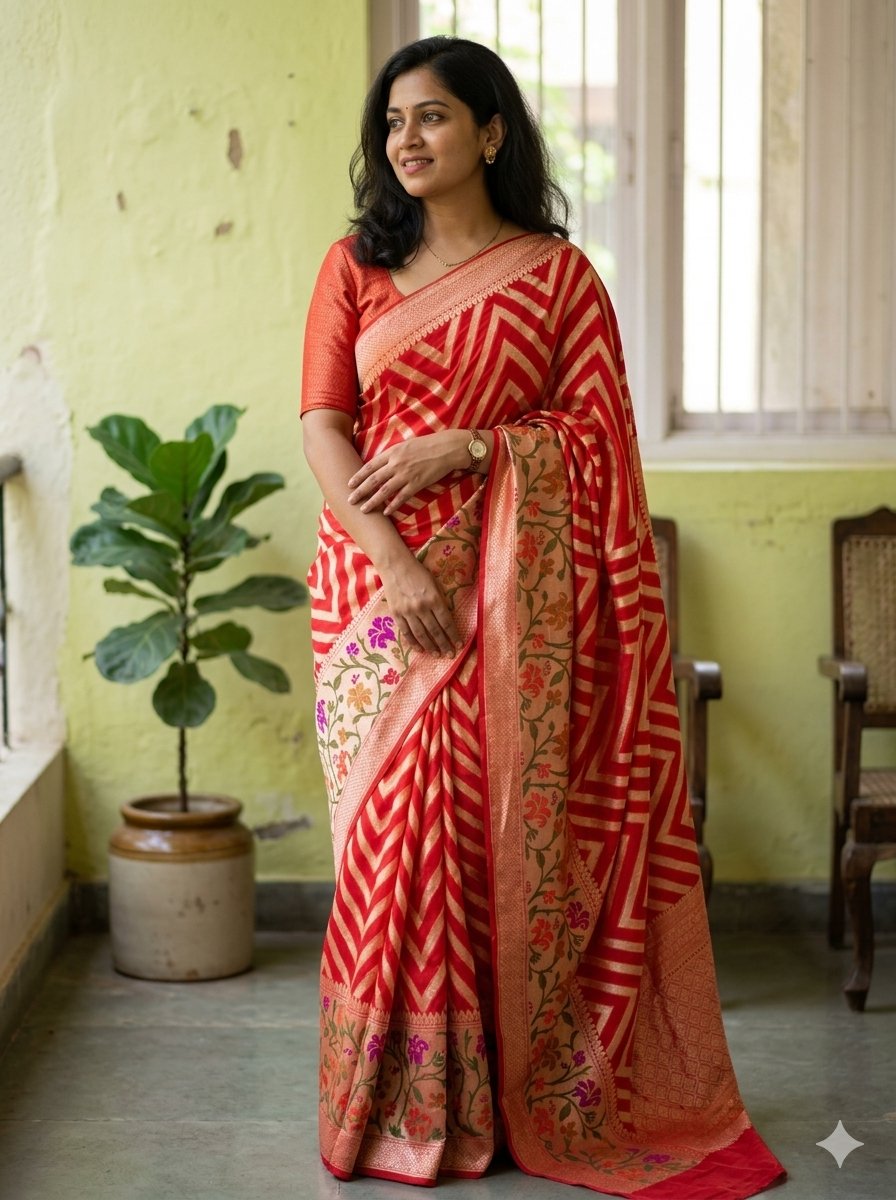 Banarasi Chiffon Saree Antique Zari & Resham Aada Weaving & Skirt Border-Red