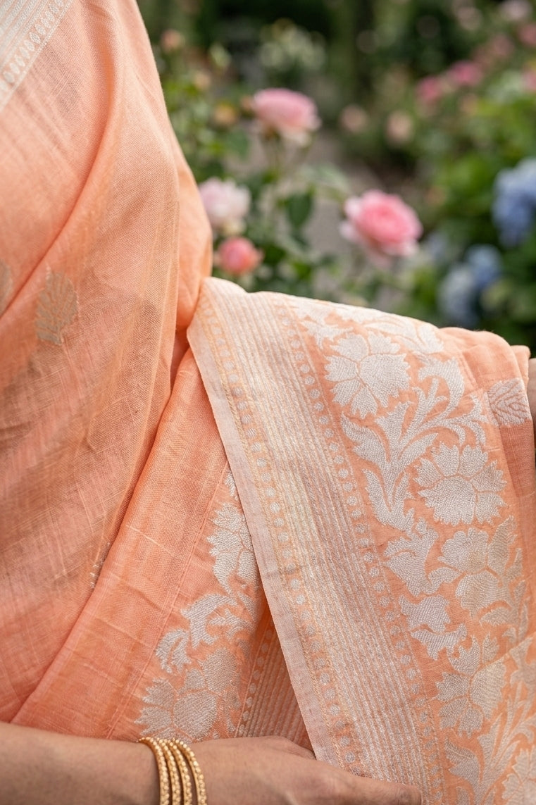 Banarasi Dupion Linen Saree With Silver Buti Weaving-Peach