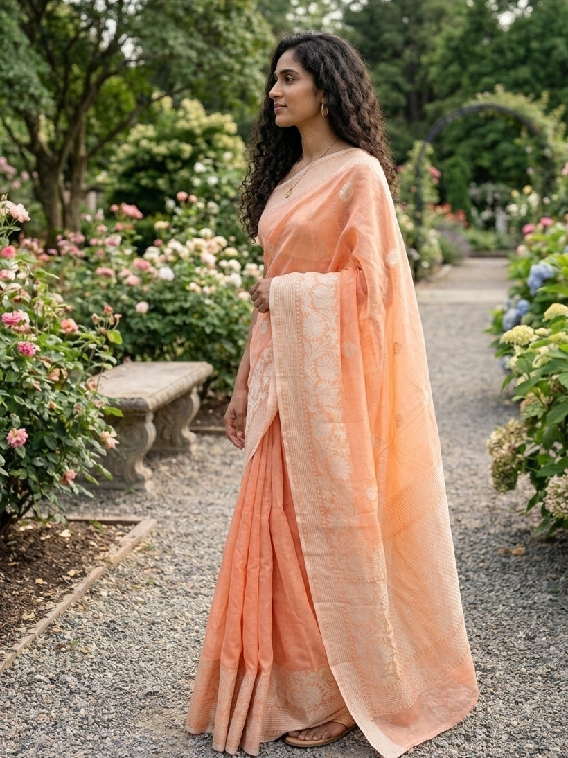 Banarasi Dupion Linen Saree With Silver Buti Weaving-Peach