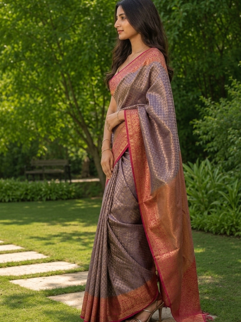 Banarasi Kora Muslin Saree With Tanchoi Weaving & Contrast  Border