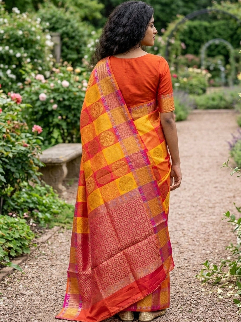 Banarasi Semi Silk Check Patterned Saree With Zari Weaving -Yellow