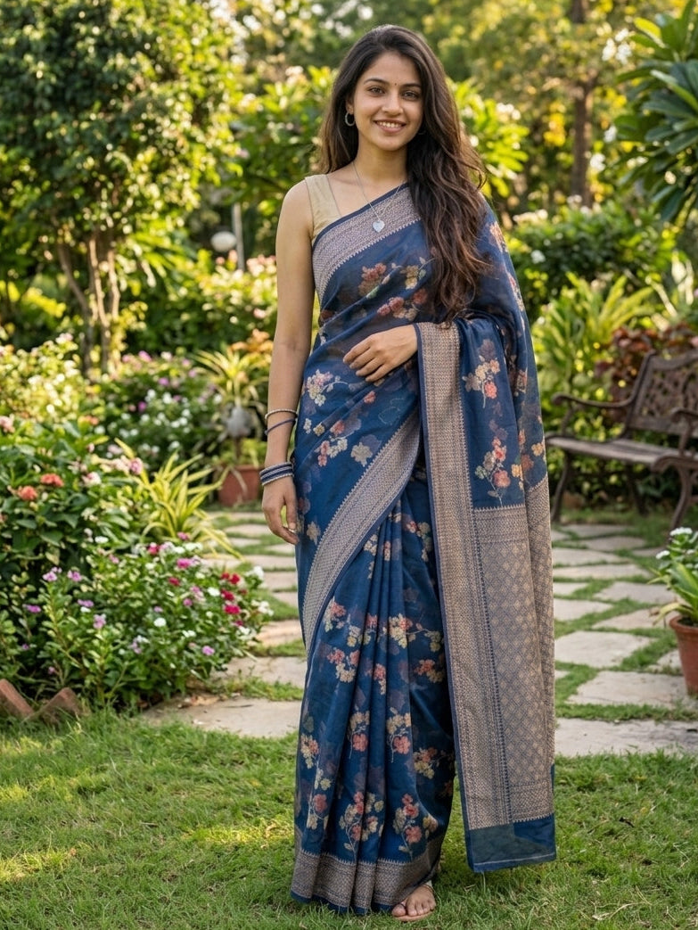 Banarasi Semi Georgette Saree with Floral Weaving & Border- Blue