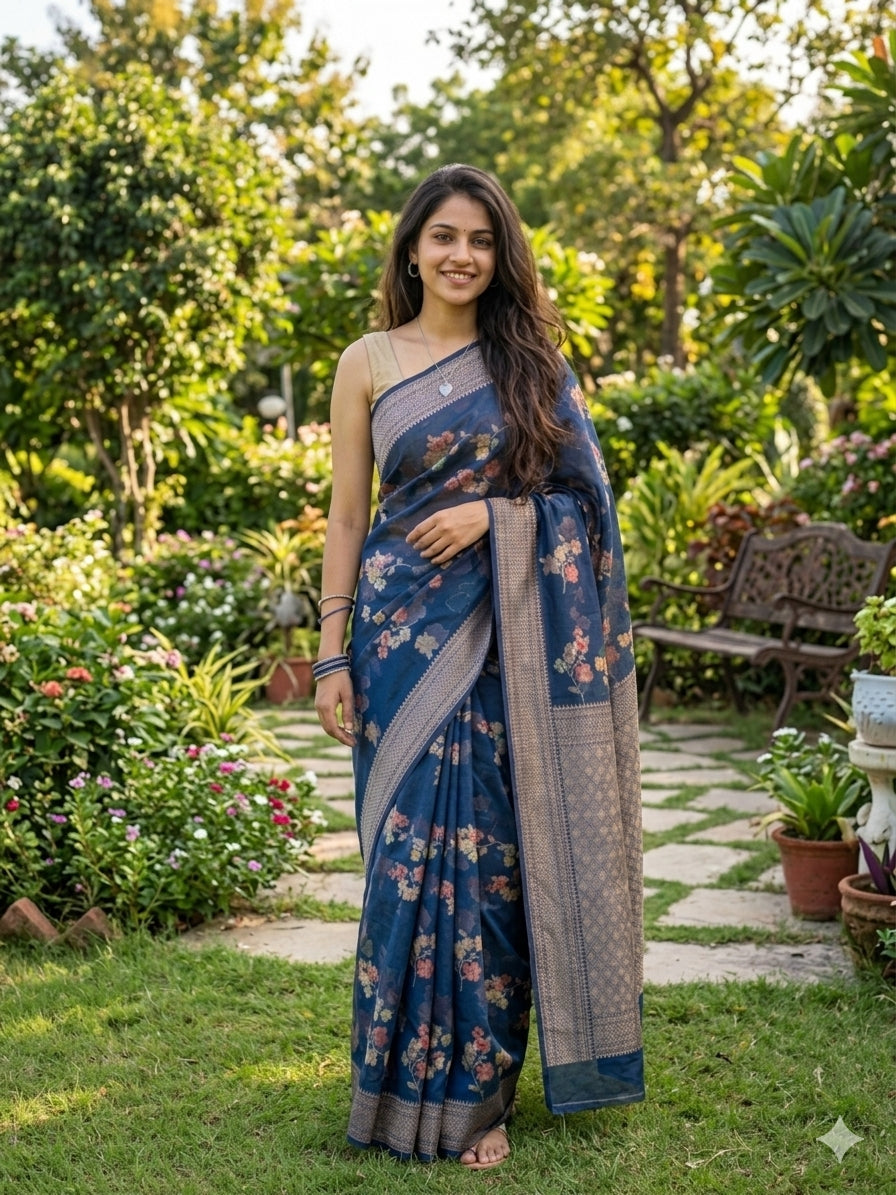 Banarasi Semi Georgette Saree with Floral Weaving & Border- Blue