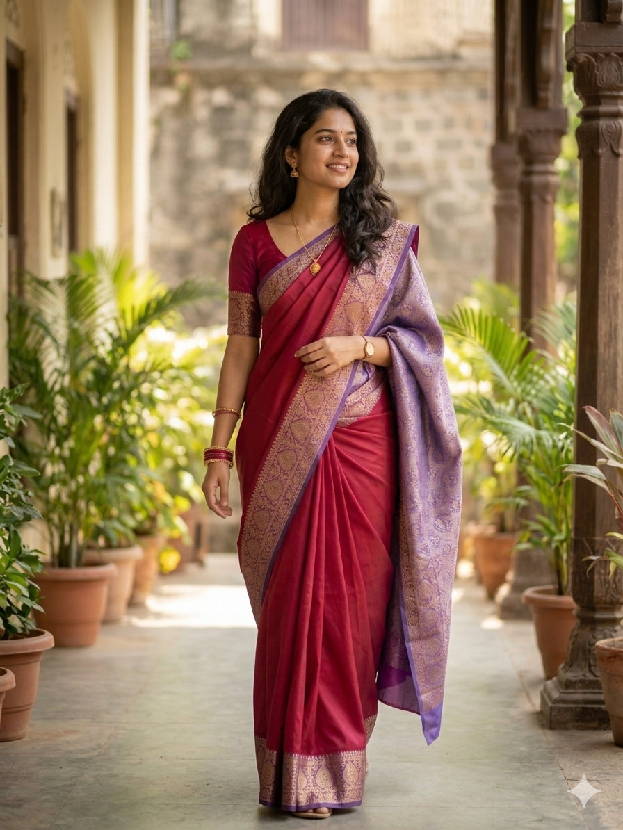 Banarasi Plain Semi Silk Saree With Contrast Pallu-Red