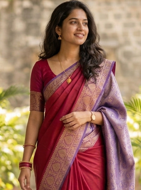 Banarasi Plain Semi Silk Saree With Contrast Pallu-Red