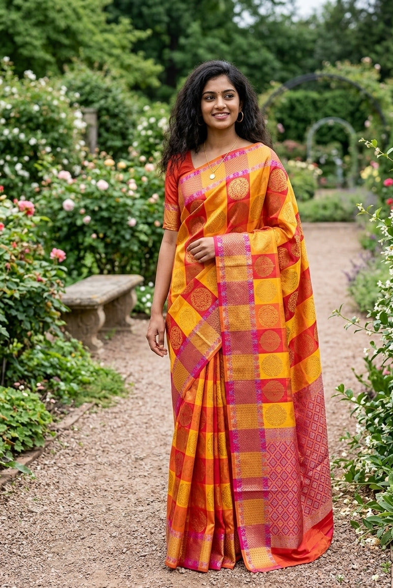 Banarasi Semi Silk Check Patterned Saree With Zari Weaving -Yellow