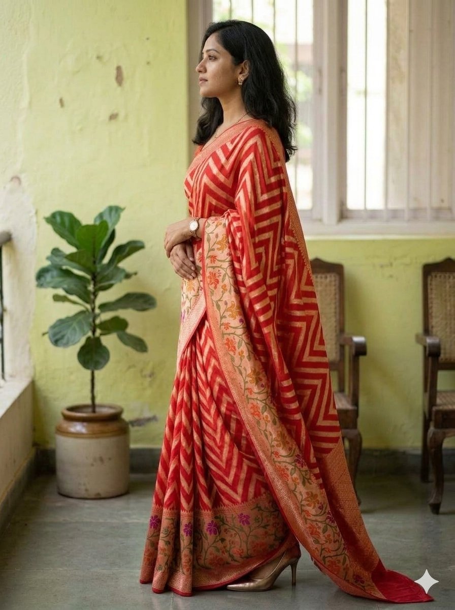 Banarasi Chiffon Saree Antique Zari & Resham Aada Weaving & Skirt Border-Red