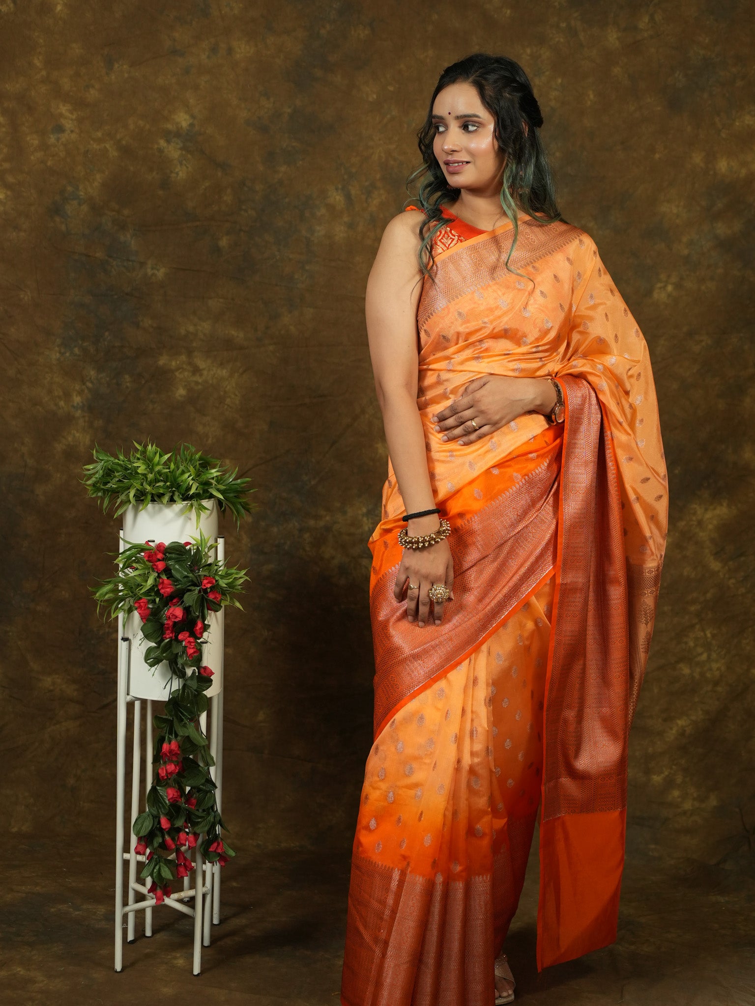 Banarasi Dual Shade Soft Cotton Saree with Zari Weaving-Orange