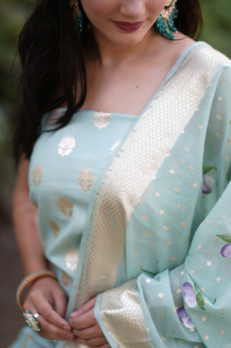 Banarasi Cotton Silk Salwar Kameez Material With Silver Zari & Hand Printed Dupatta-Blue