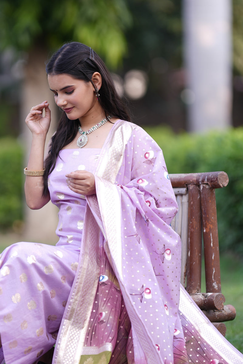 Banarasi Cotton Silk Salwar Kameez Material With Silver Zari & Hand Printed Dupatta-Purple