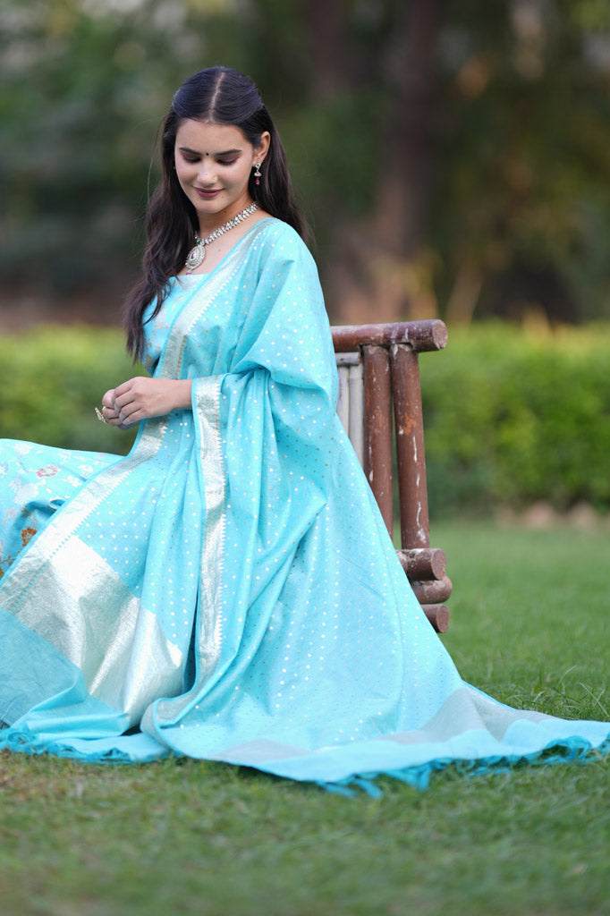 Banarasi Cotton Silk Salwar Kameez Material With Silver Zari Jaal Weaving & Dupatta-Blue