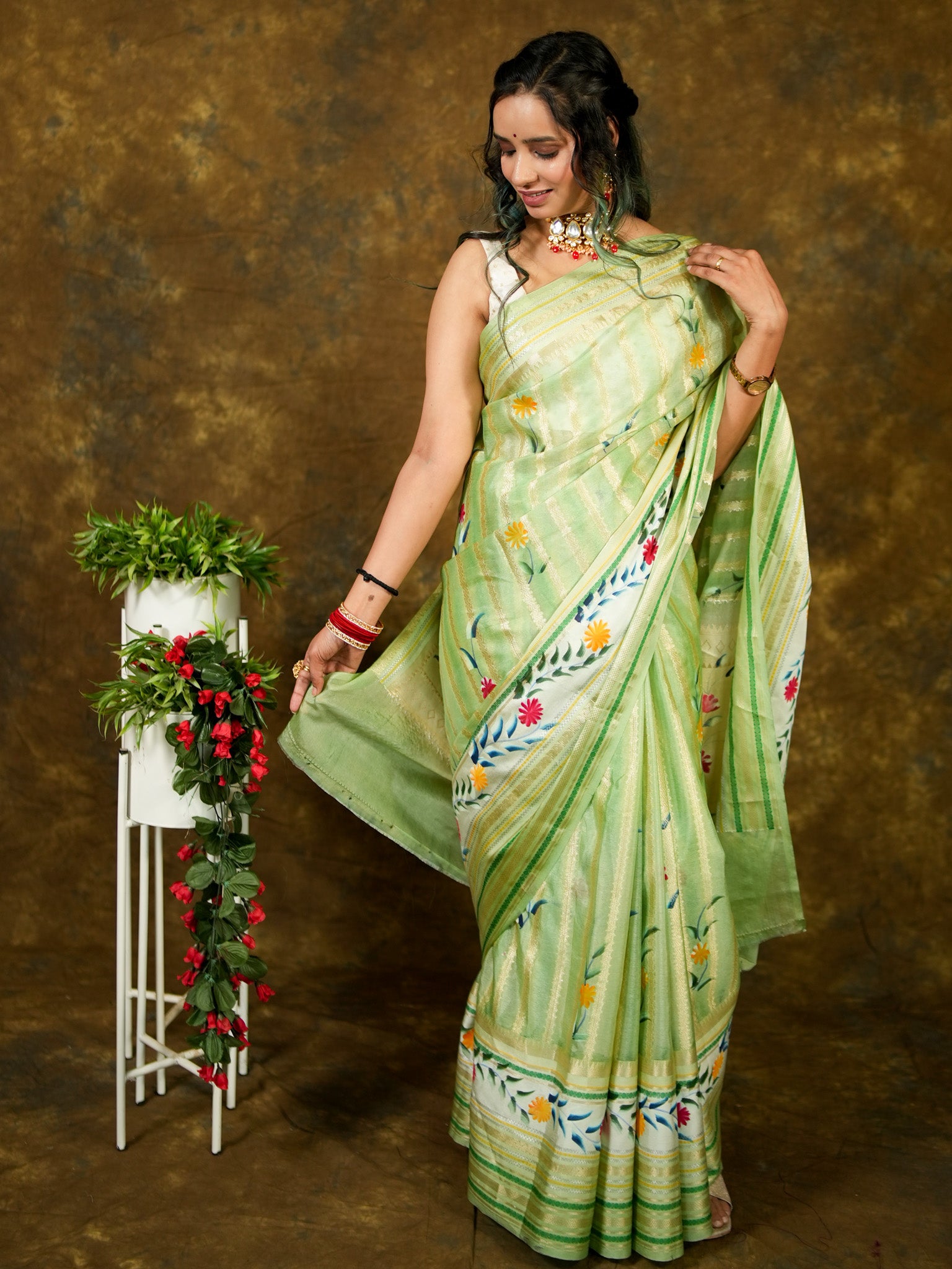 Handpainted Banarasi Semi Dupion Silk Saree With Zari Border-Green