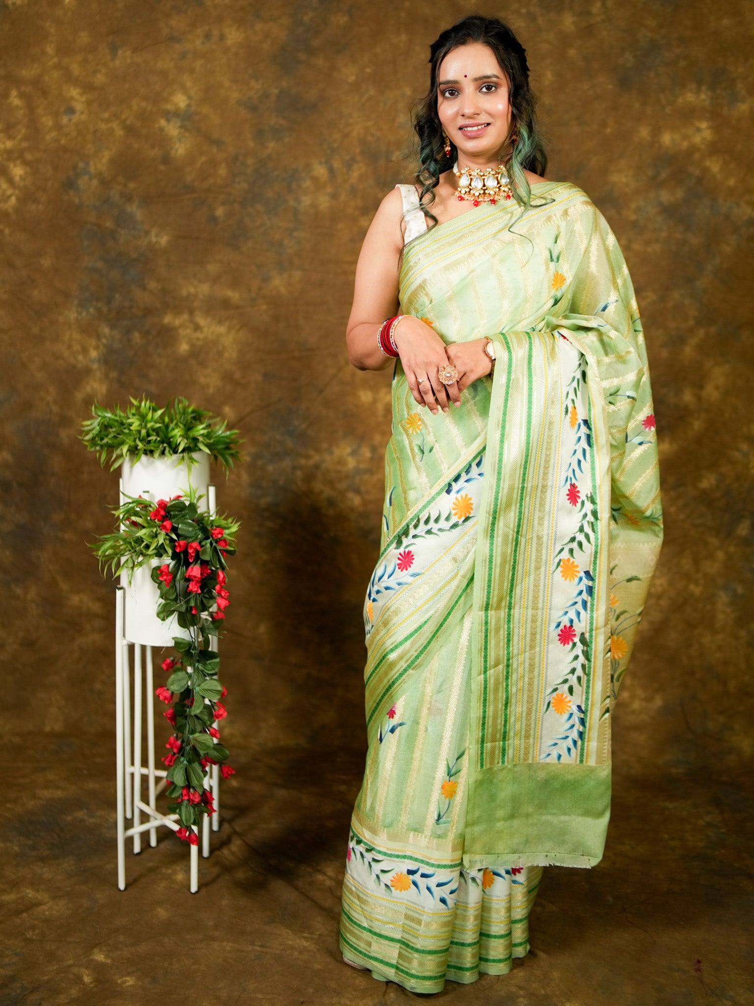 Handpainted Banarasi Semi Dupion Silk Saree With Zari Border-Green