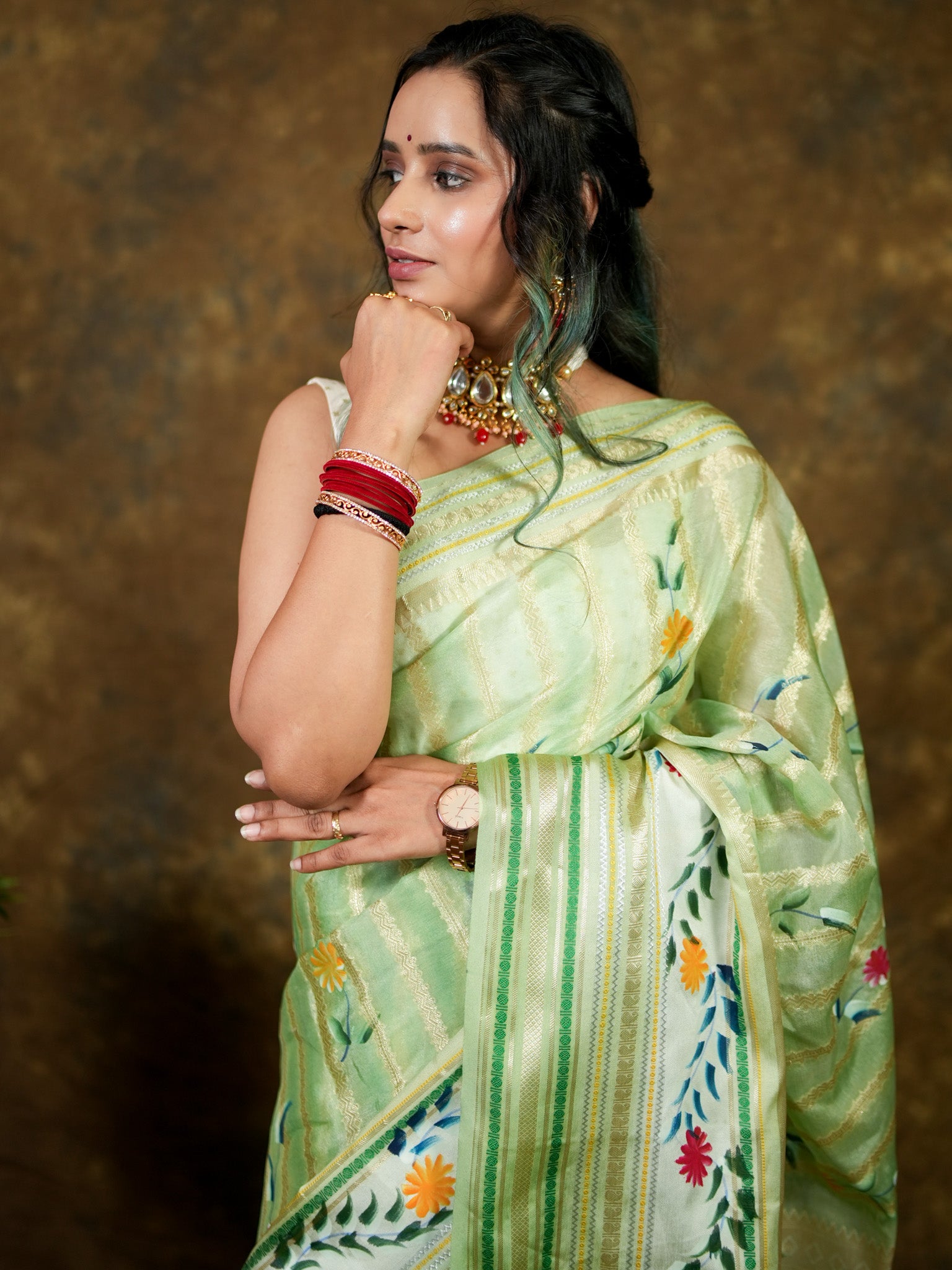 Handpainted Banarasi Semi Dupion Silk Saree With Zari Border-Green