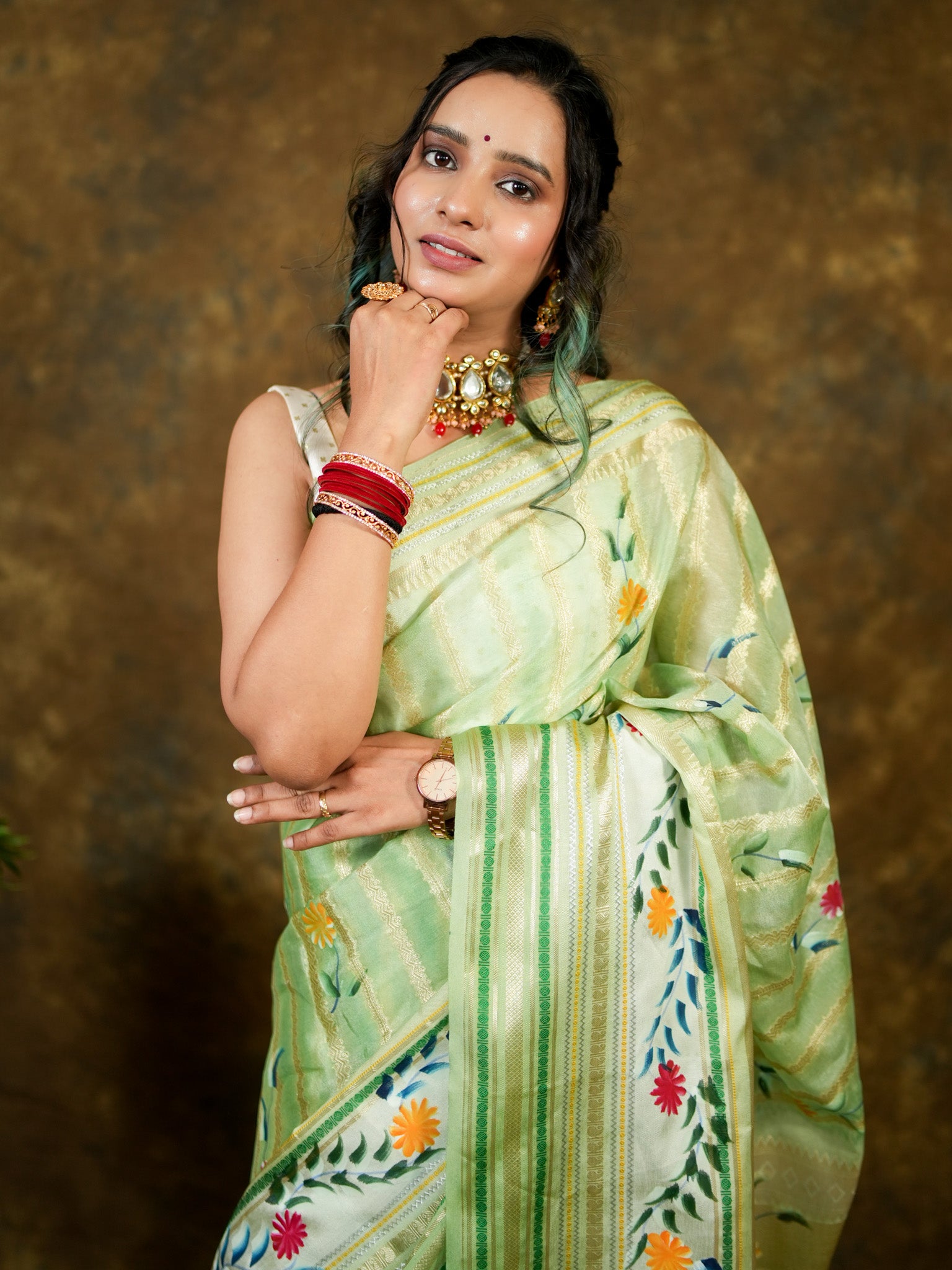 Handpainted Banarasi Semi Dupion Silk Saree With Zari Border-Green