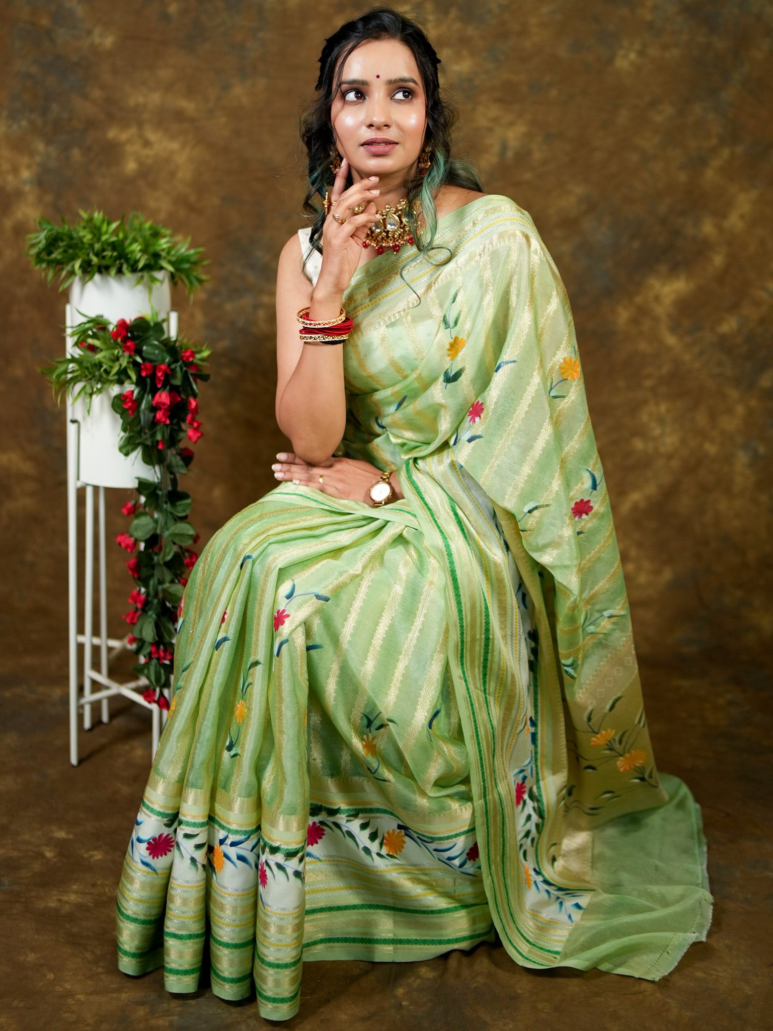 Handpainted Banarasi Semi Dupion Silk Saree With Zari Border-Green