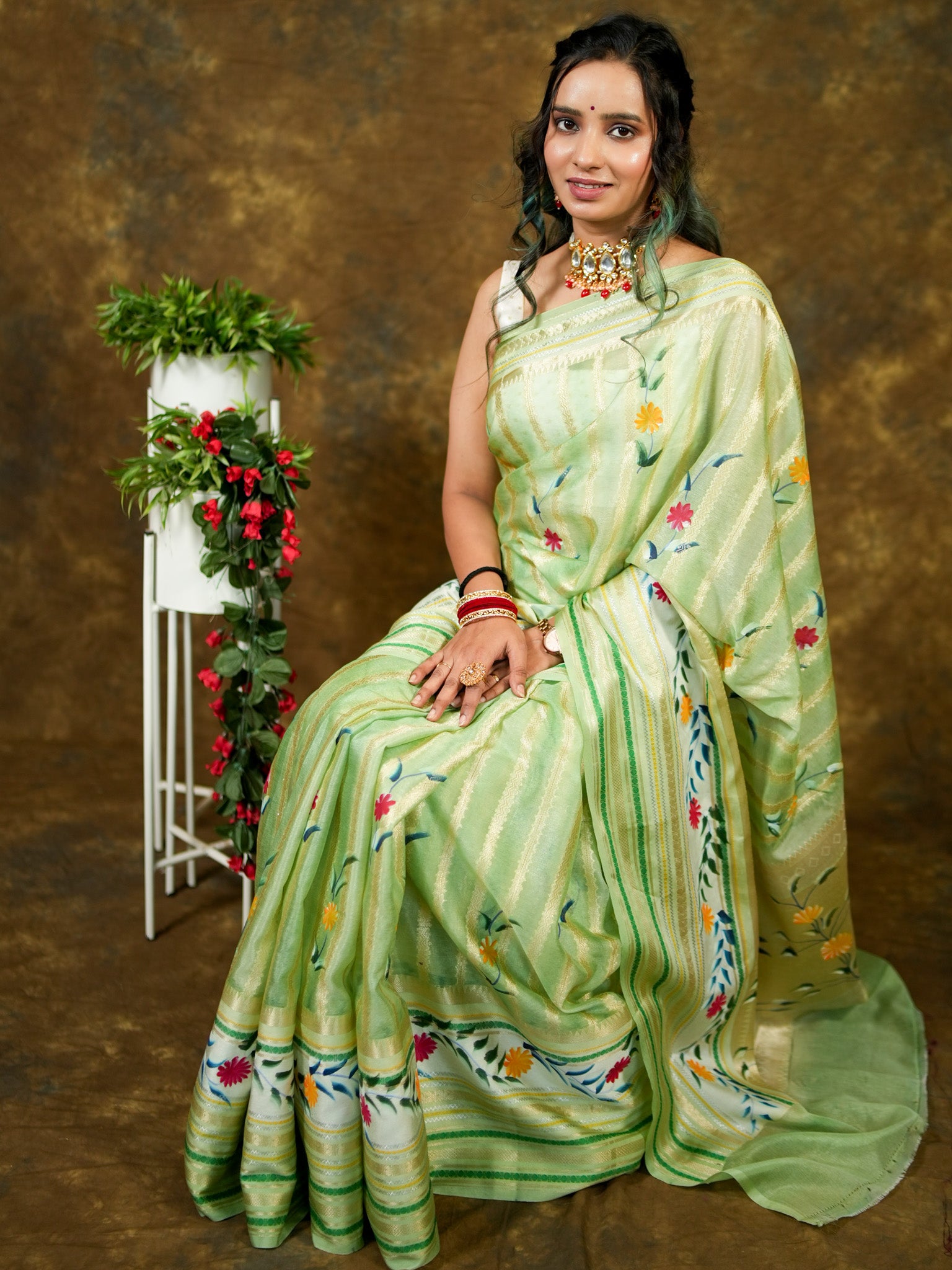 Handpainted Banarasi Semi Dupion Silk Saree With Zari Border-Green