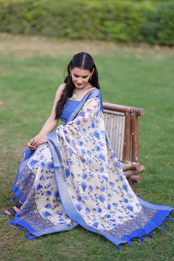 Banarasi Cotton Salwar Kameez Material With Silver Zari Weaving & Dupatta-Blue