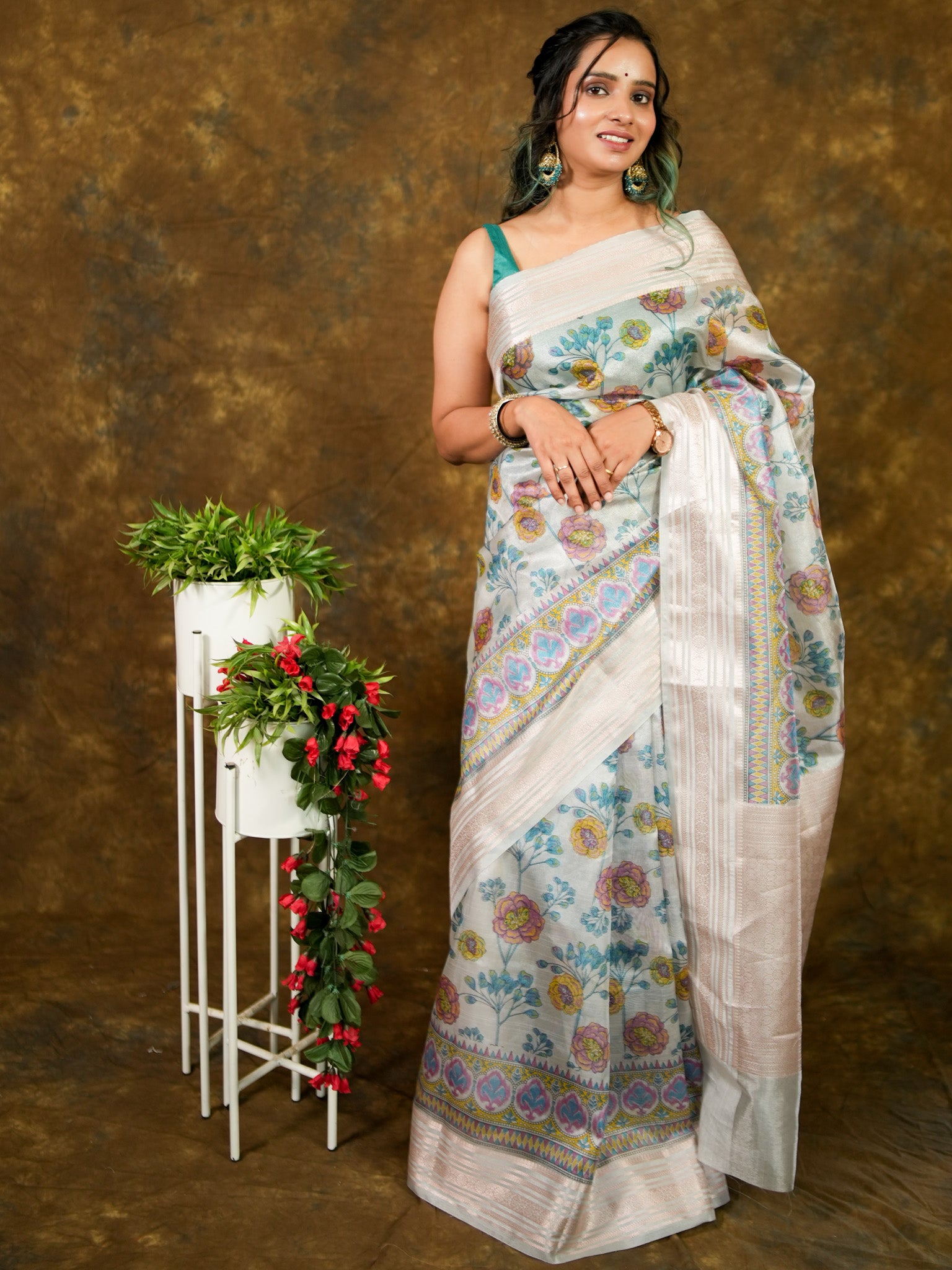 Banarasi Soft Tissue Saree With Zari Weaving & Skirt Border- Grey