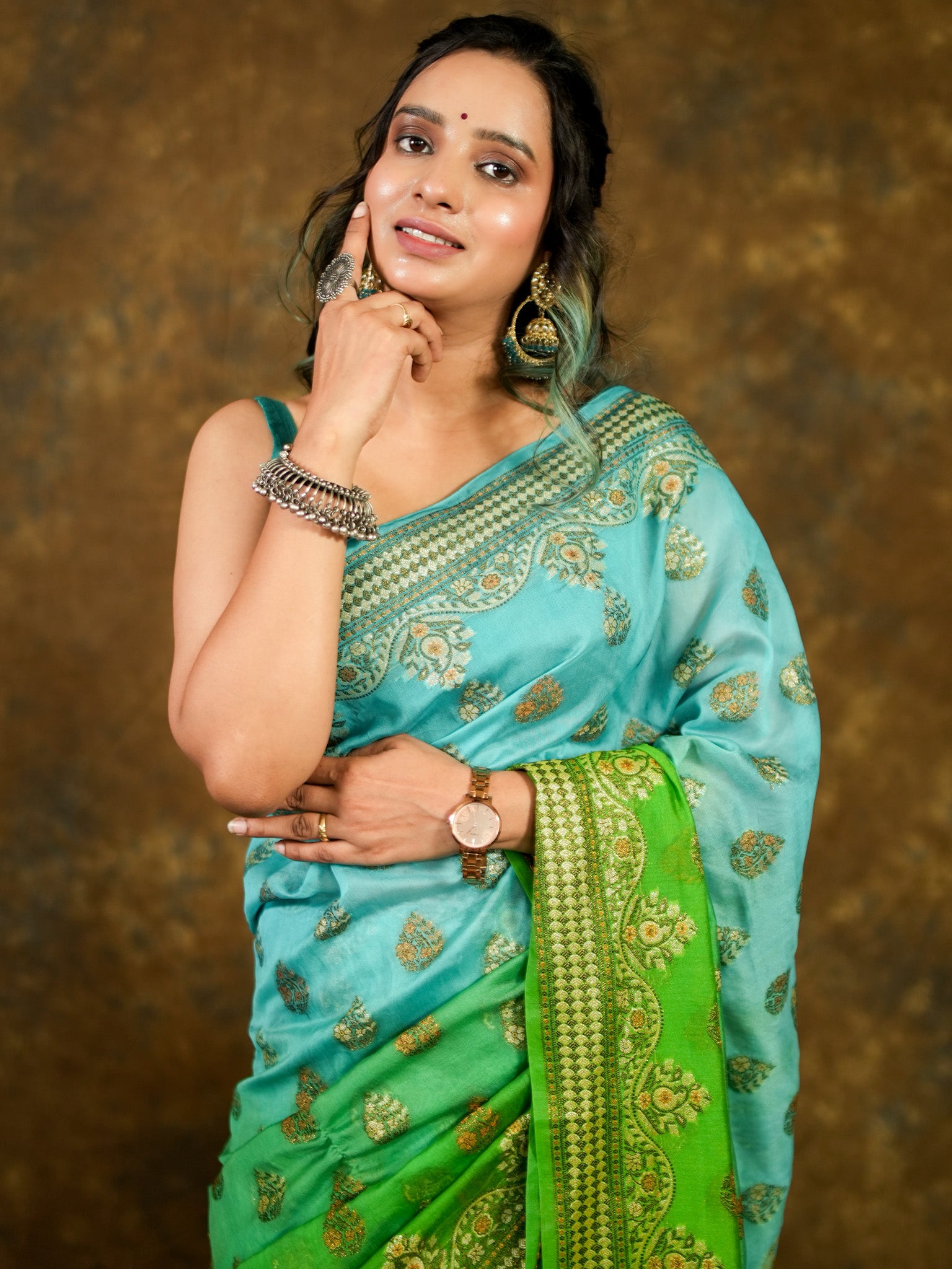 Banarasi Dual Shade Pure Georgette Saree With Resham Weaving-Green & Blue