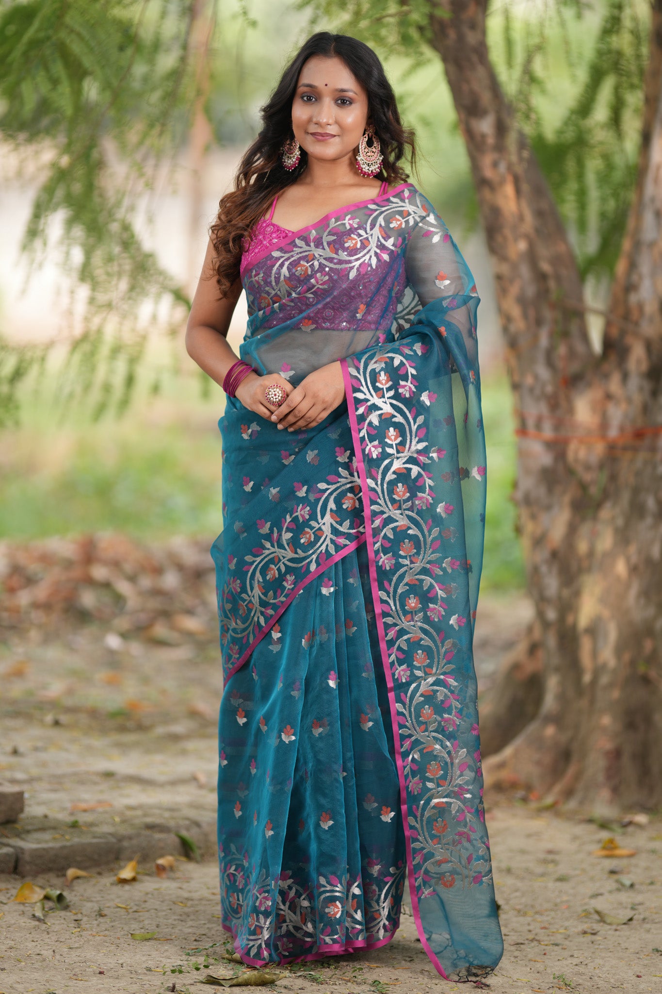 Banarasi Organza Saree With Zari Weaving & Border - Teal