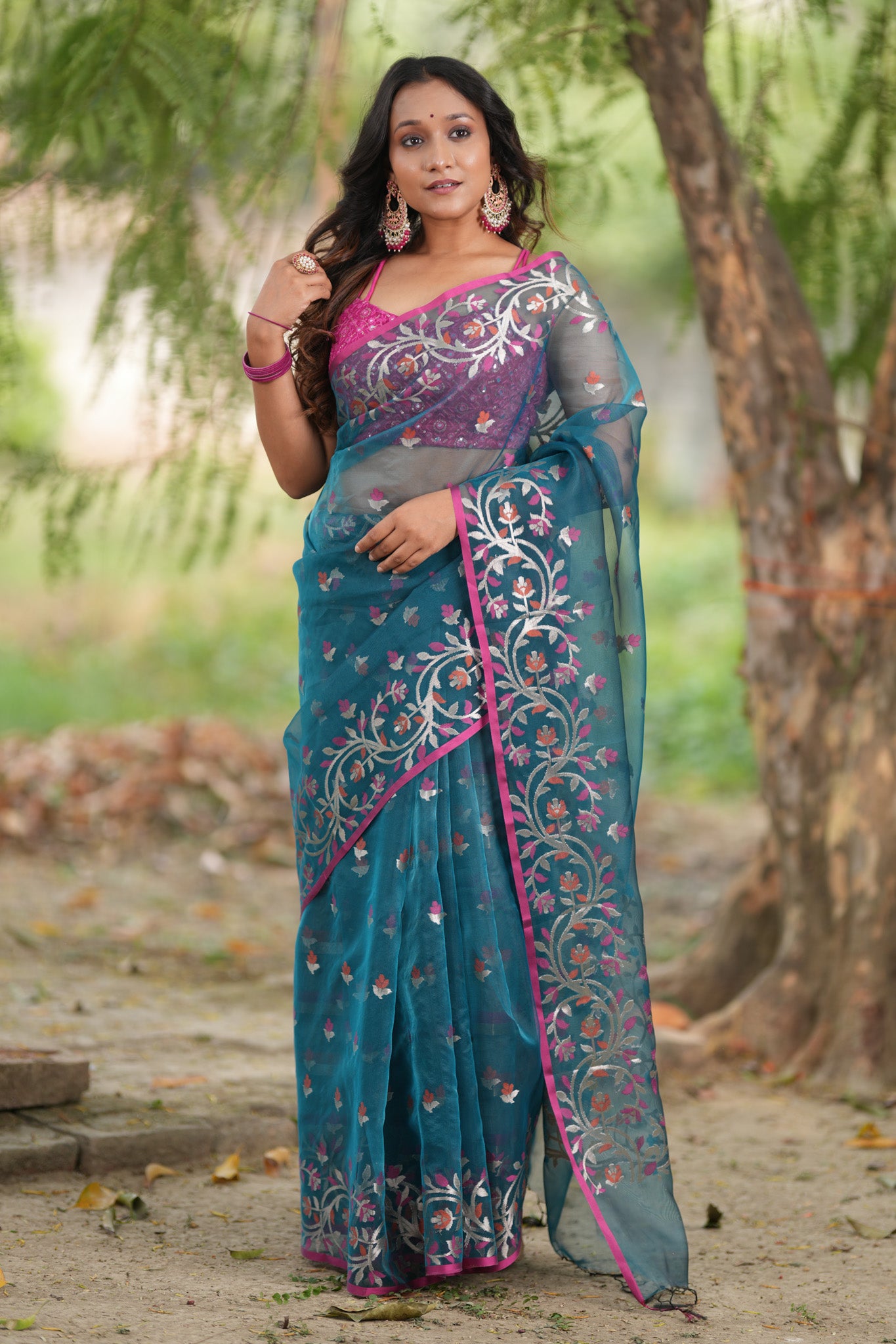 Banarasi Organza Saree With Zari Weaving & Border - Teal