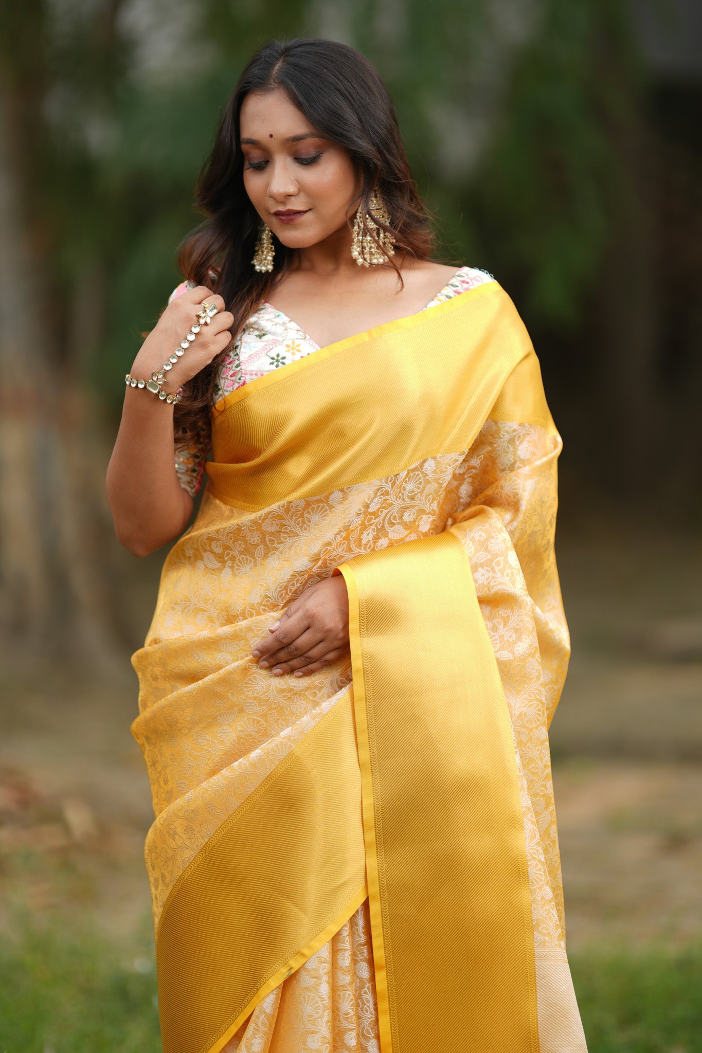 Banarasi Kora Saree With Silver Zari & Border - Yellow