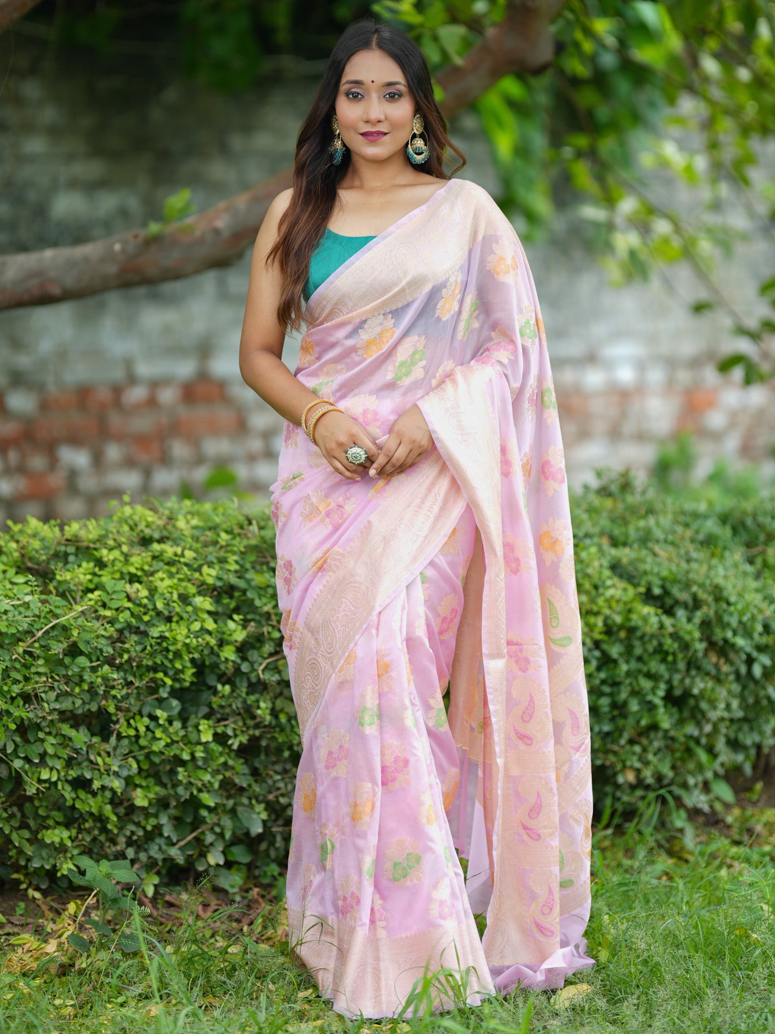 Banarasi Cotton Silk Saree with Floral Weaving & Border-Pink