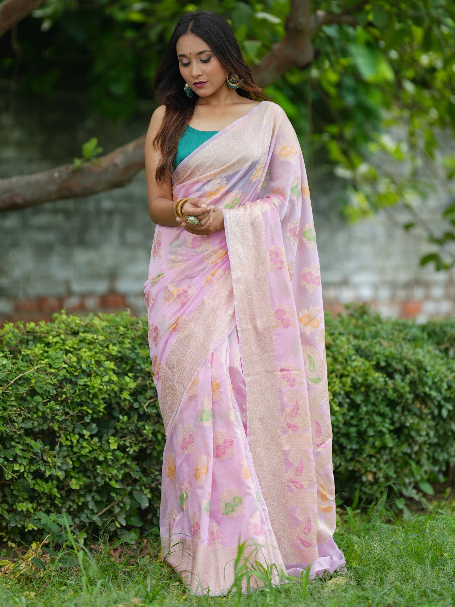 Banarasi Cotton Silk Saree with Floral Weaving & Border-Pink