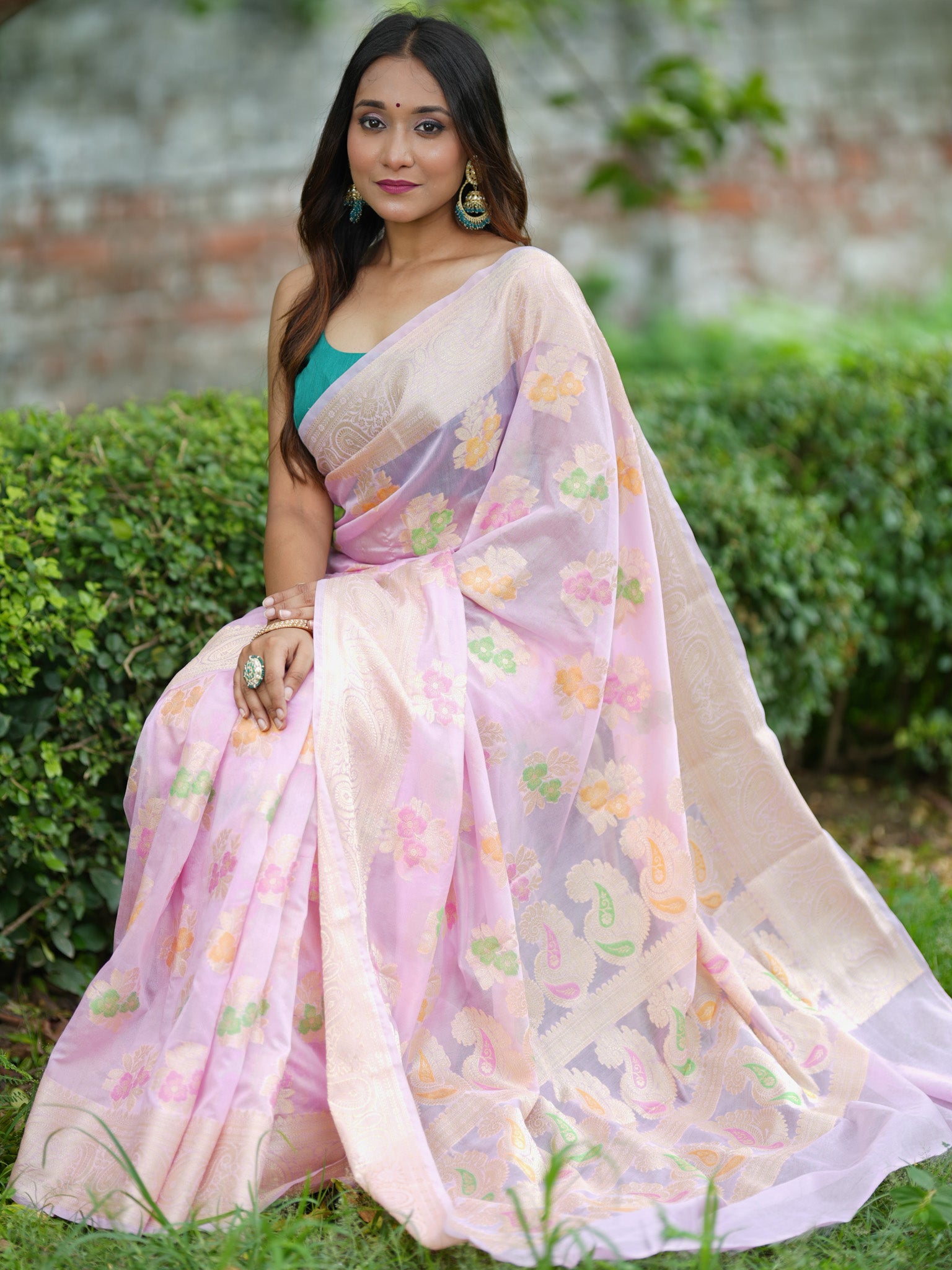 Banarasi Cotton Silk Saree with Floral Weaving & Border-Pink