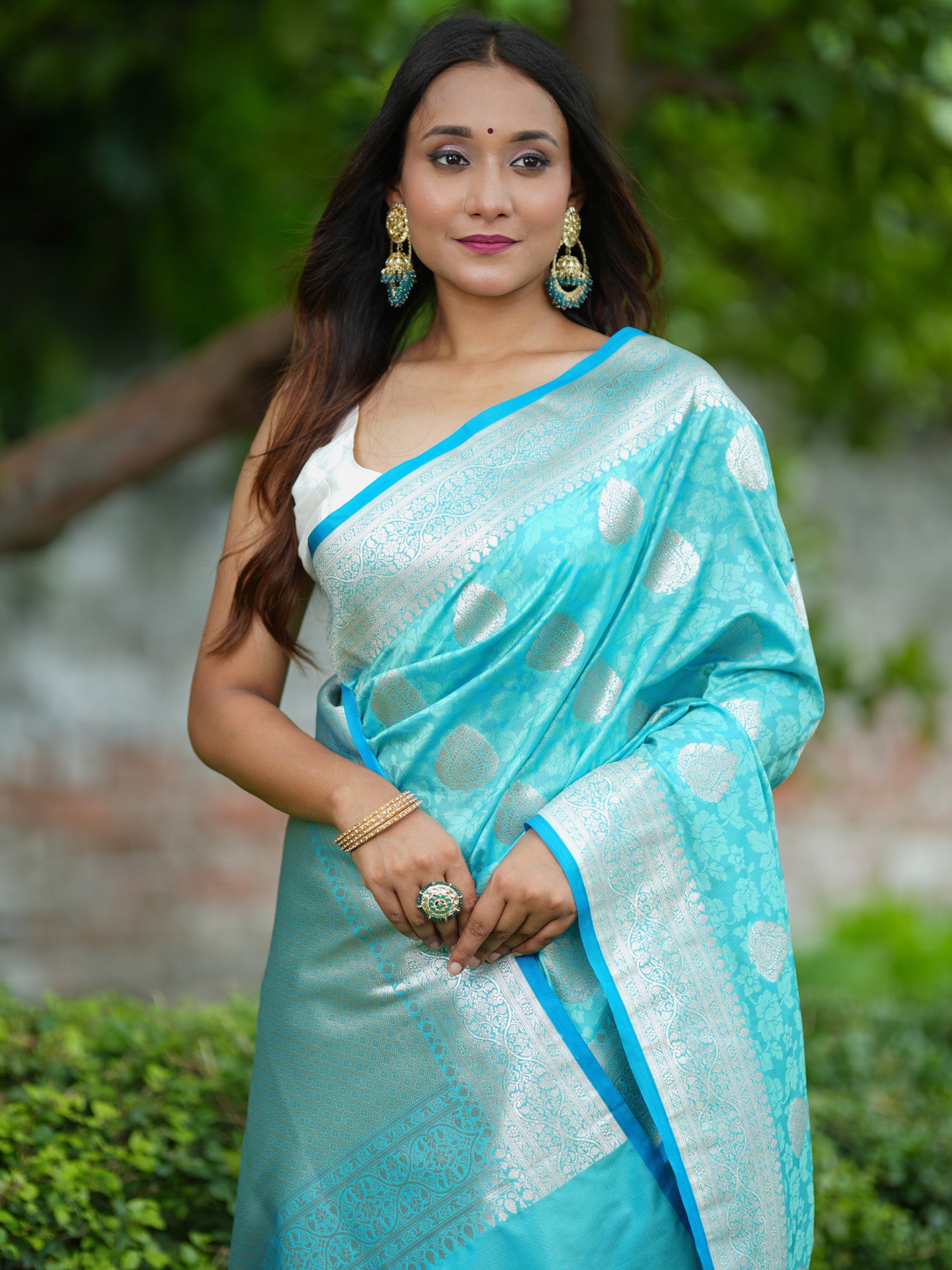 Banarasi Art Katan Silk Saree With Zari Buta Weaving & Tanchoi Weaving-Aqua Blue