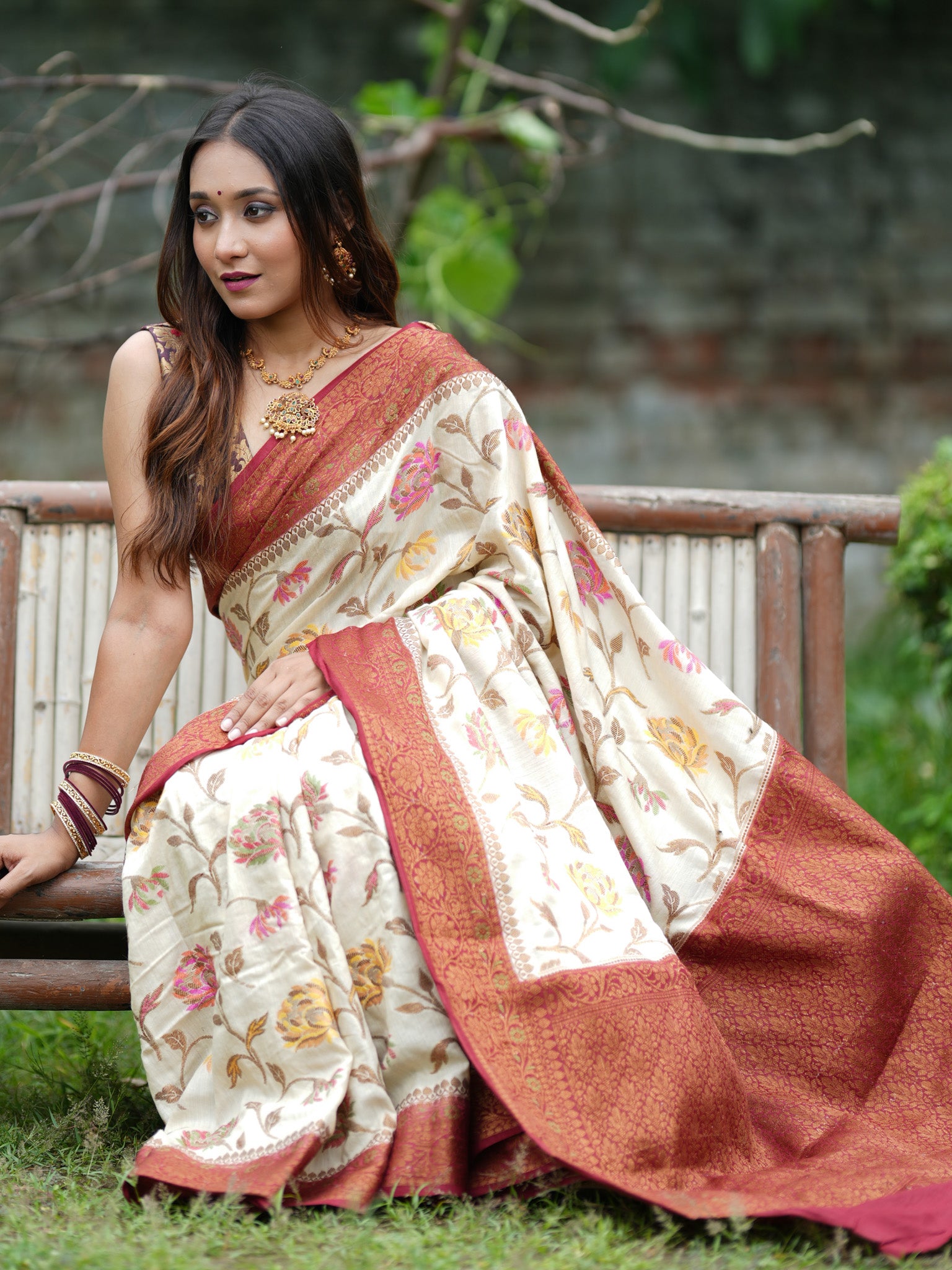 Banarasi Handwoven Pure Muga Silk Saree With Antique Resham Border- Off White