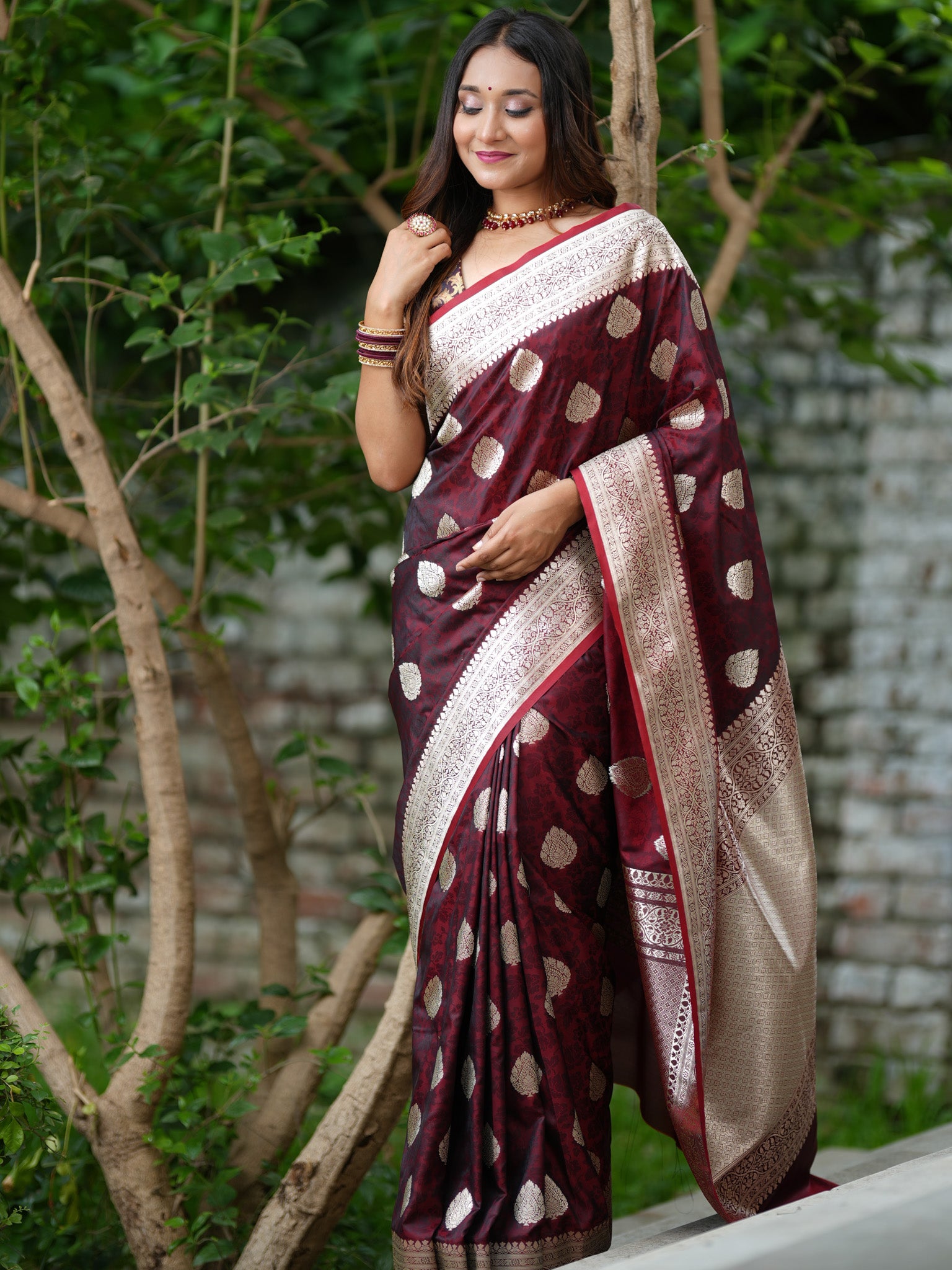 Banarasi Art Katan Silk Saree With Zari Buta Weaving & Tanchoi Weaving- Wine