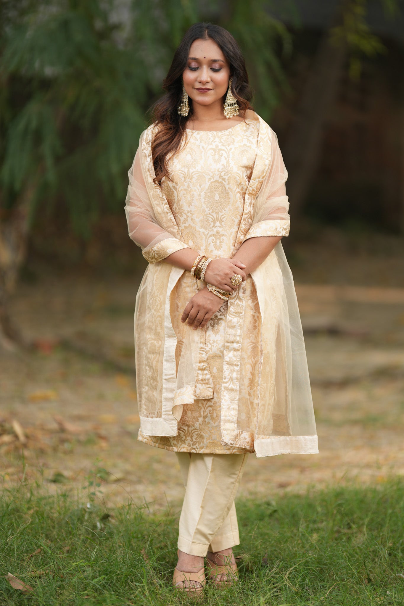 Readymade Banarasi Brocade Salwar Kameez with Net Dupatta-Off White