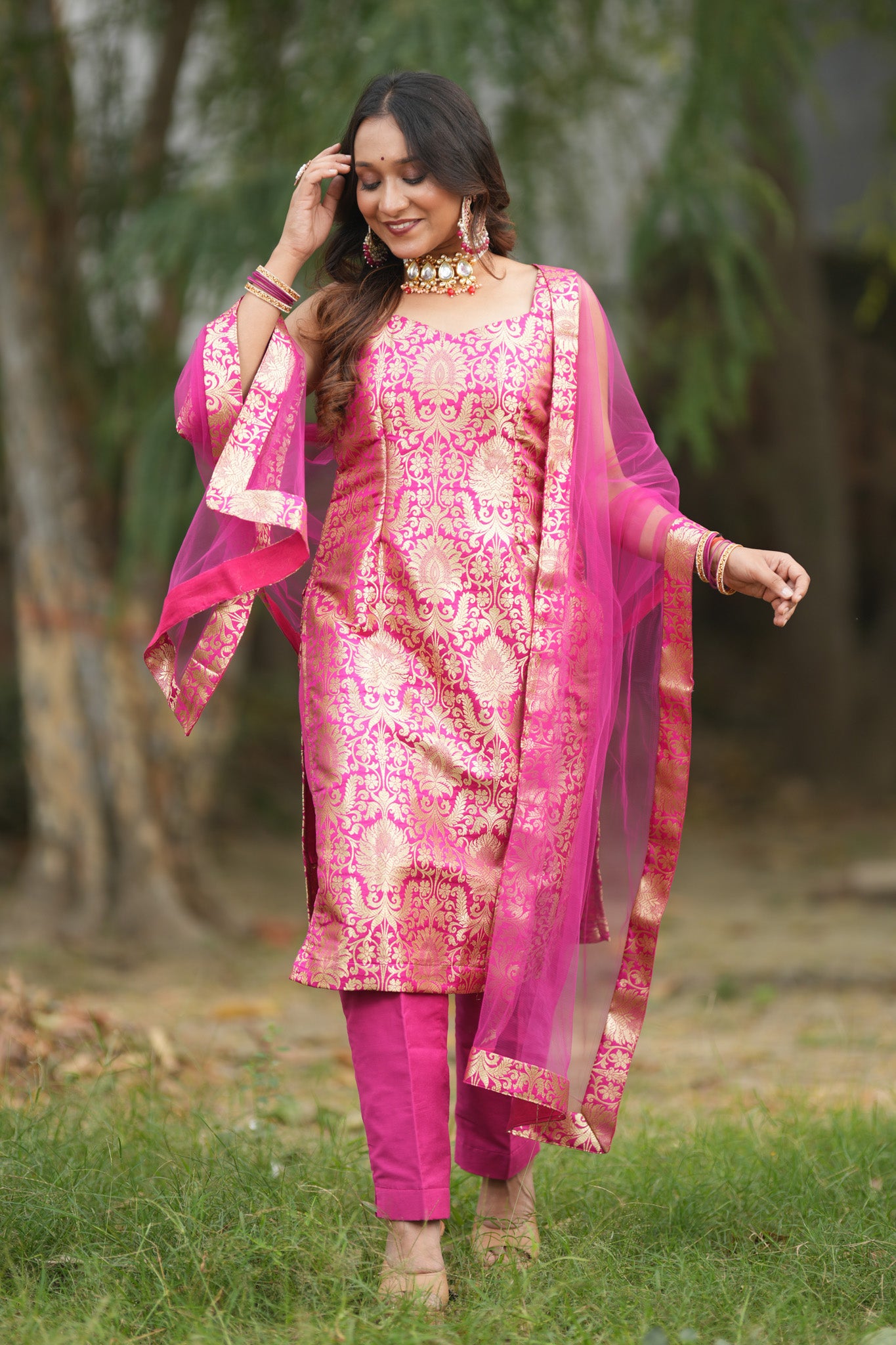 Readymade Banarasi Brocade Salwar Kameez with Net Dupatta- Deep Pink