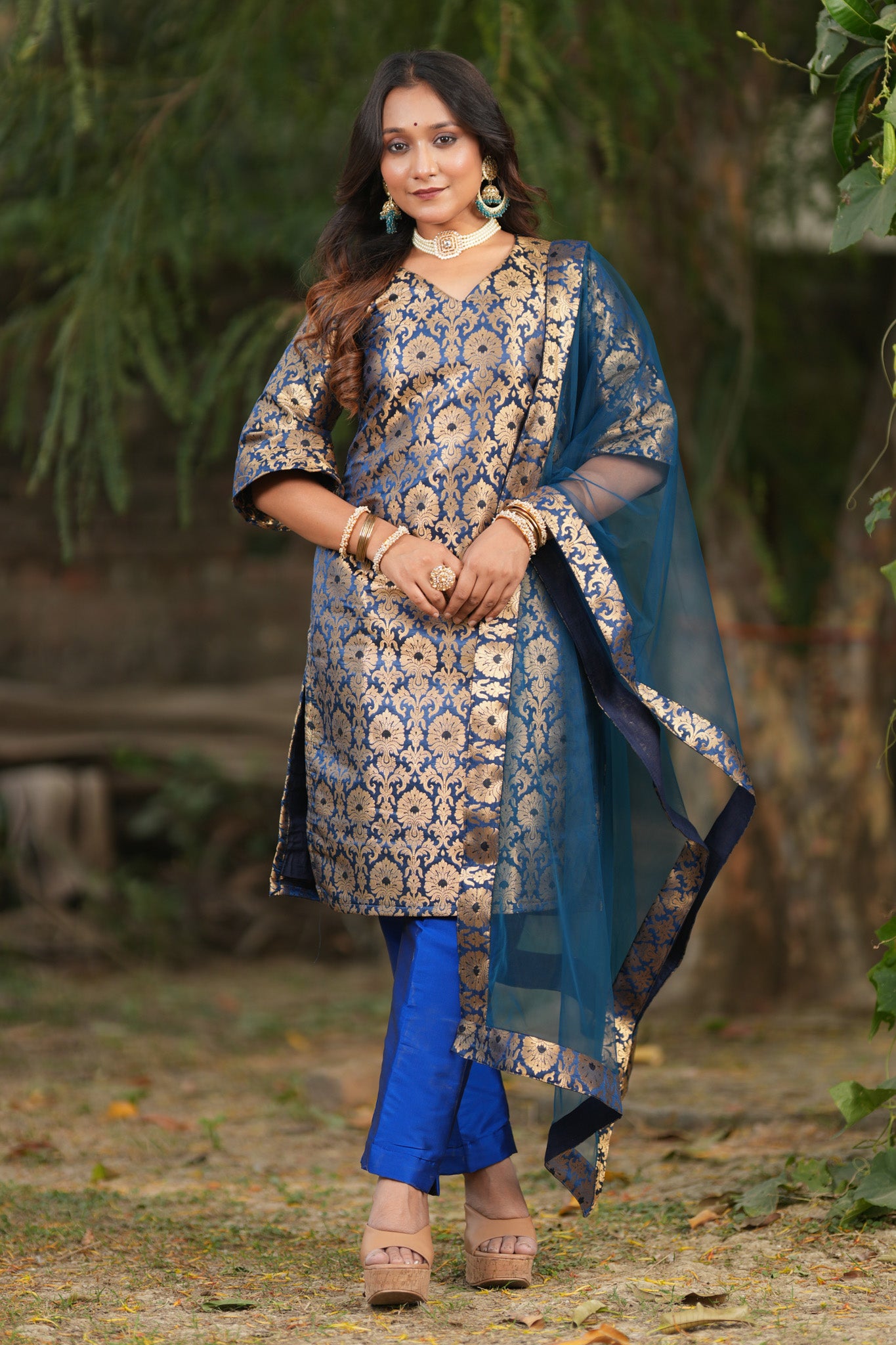 Readymade Banarasi Brocade Salwar Kameez with Net Dupatta- Blue