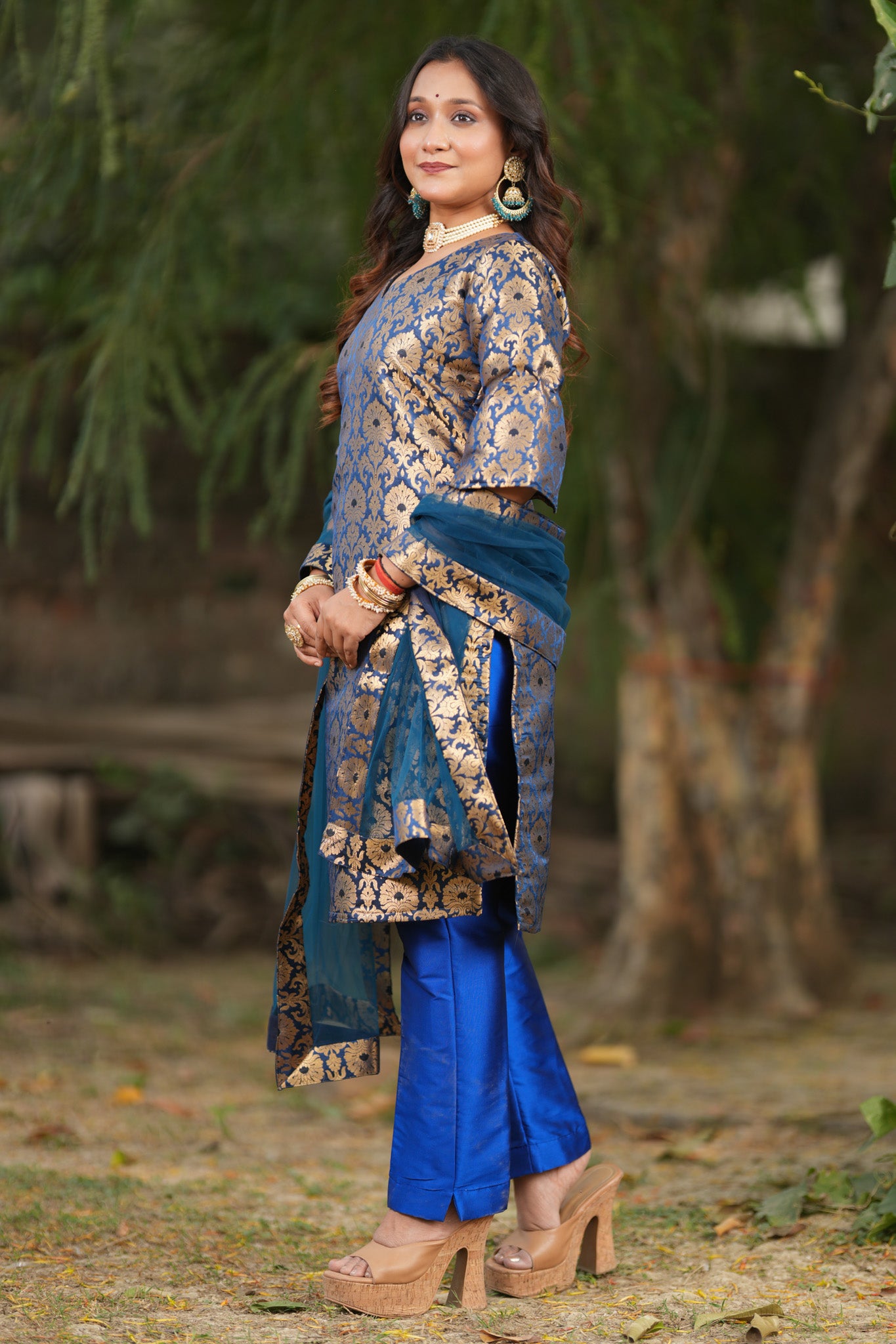 Readymade Banarasi Brocade Salwar Kameez with Net Dupatta- Blue