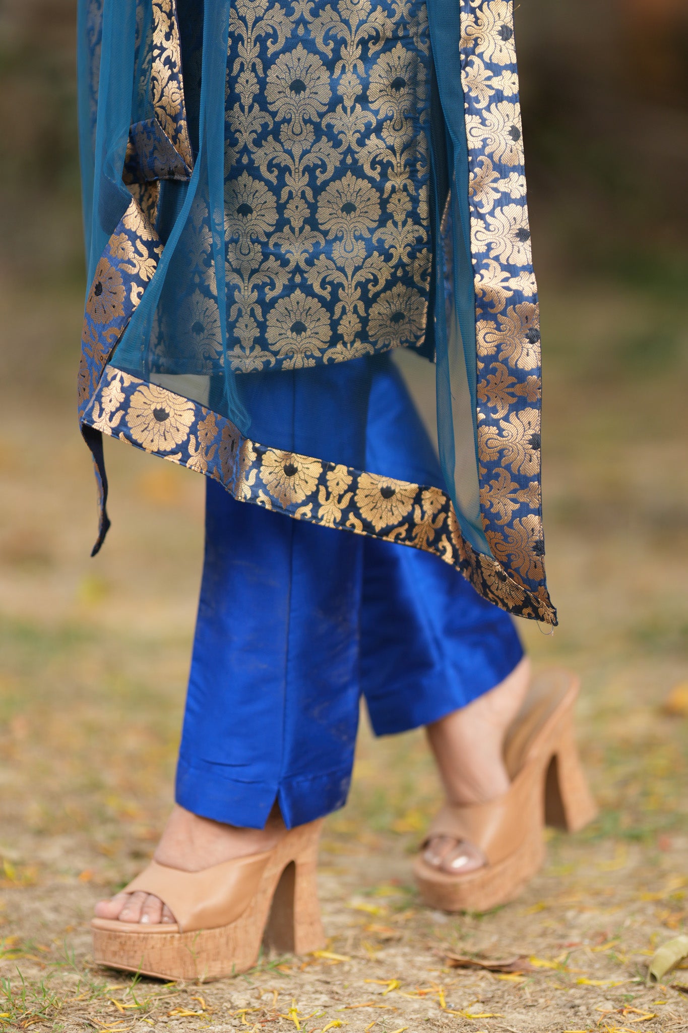 Readymade Banarasi Brocade Salwar Kameez with Net Dupatta- Blue