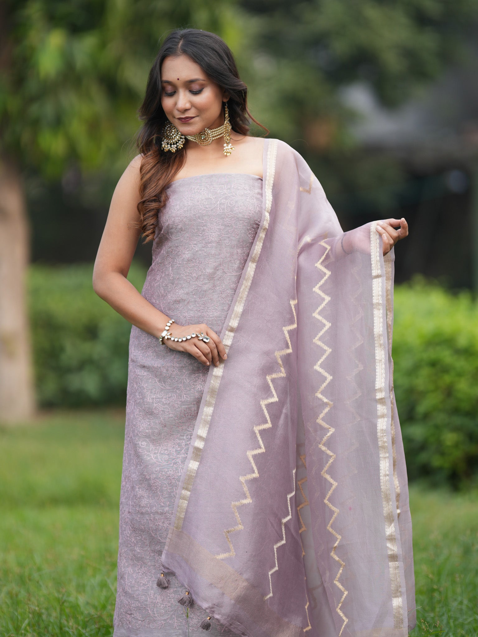 Banarasi Soft Embroidered Cotton Salwar Kameez Fabric With Organza Dupatta- Light Mauve