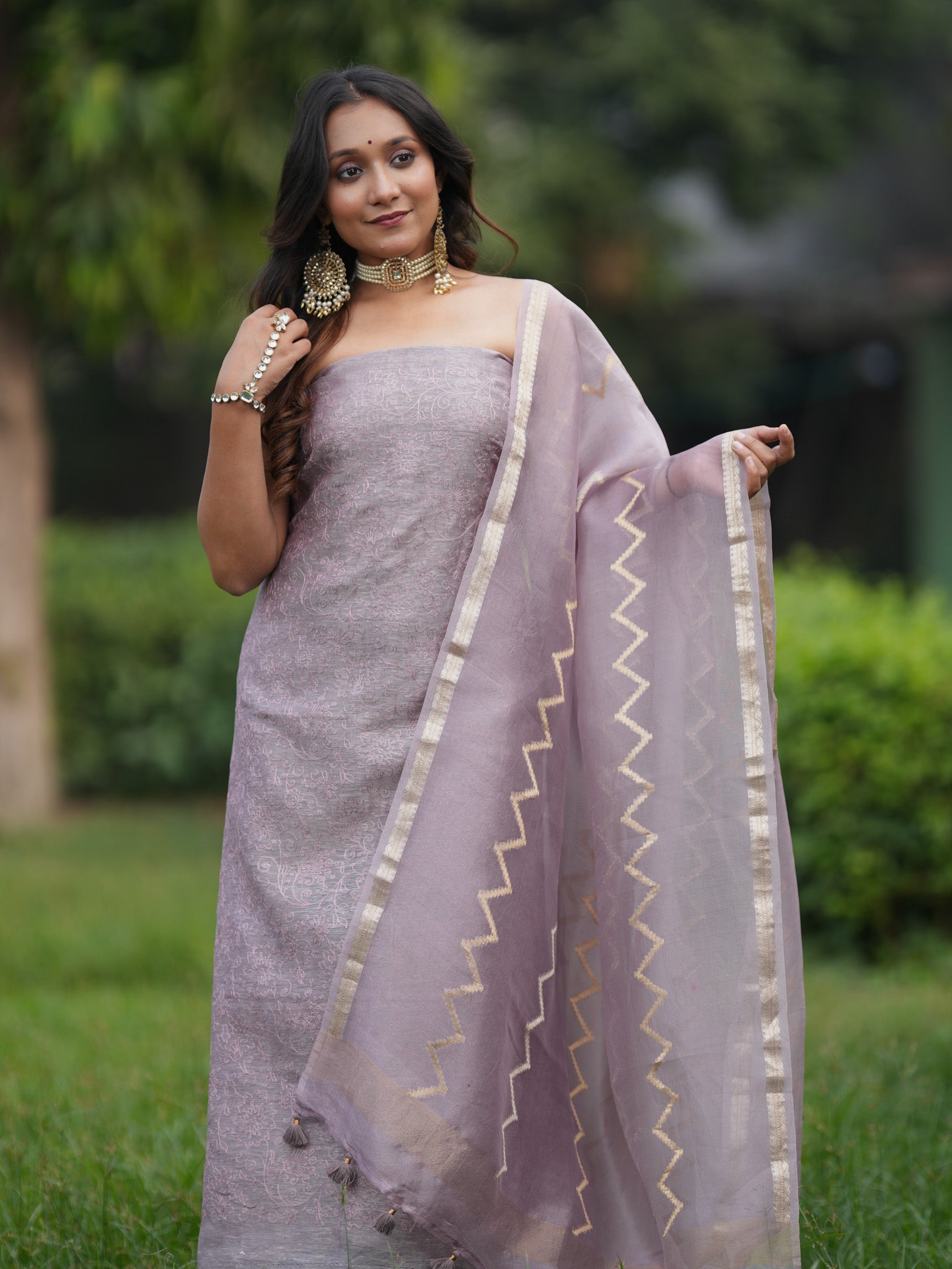 Banarasi Soft Embroidered Cotton Salwar Kameez Fabric With Organza Dupatta- Light Mauve