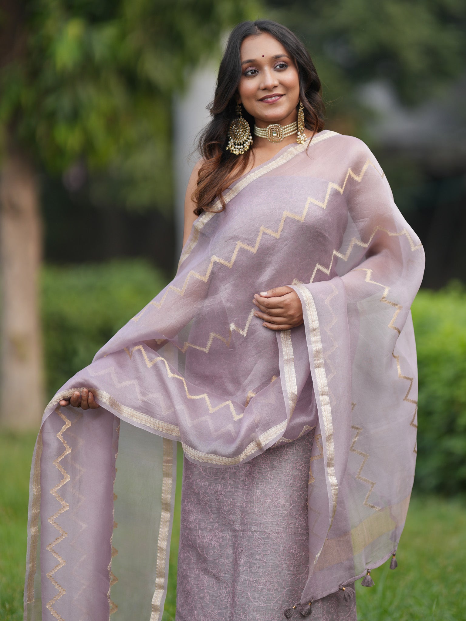 Banarasi Soft Embroidered Cotton Salwar Kameez Fabric With Organza Dupatta- Light Mauve