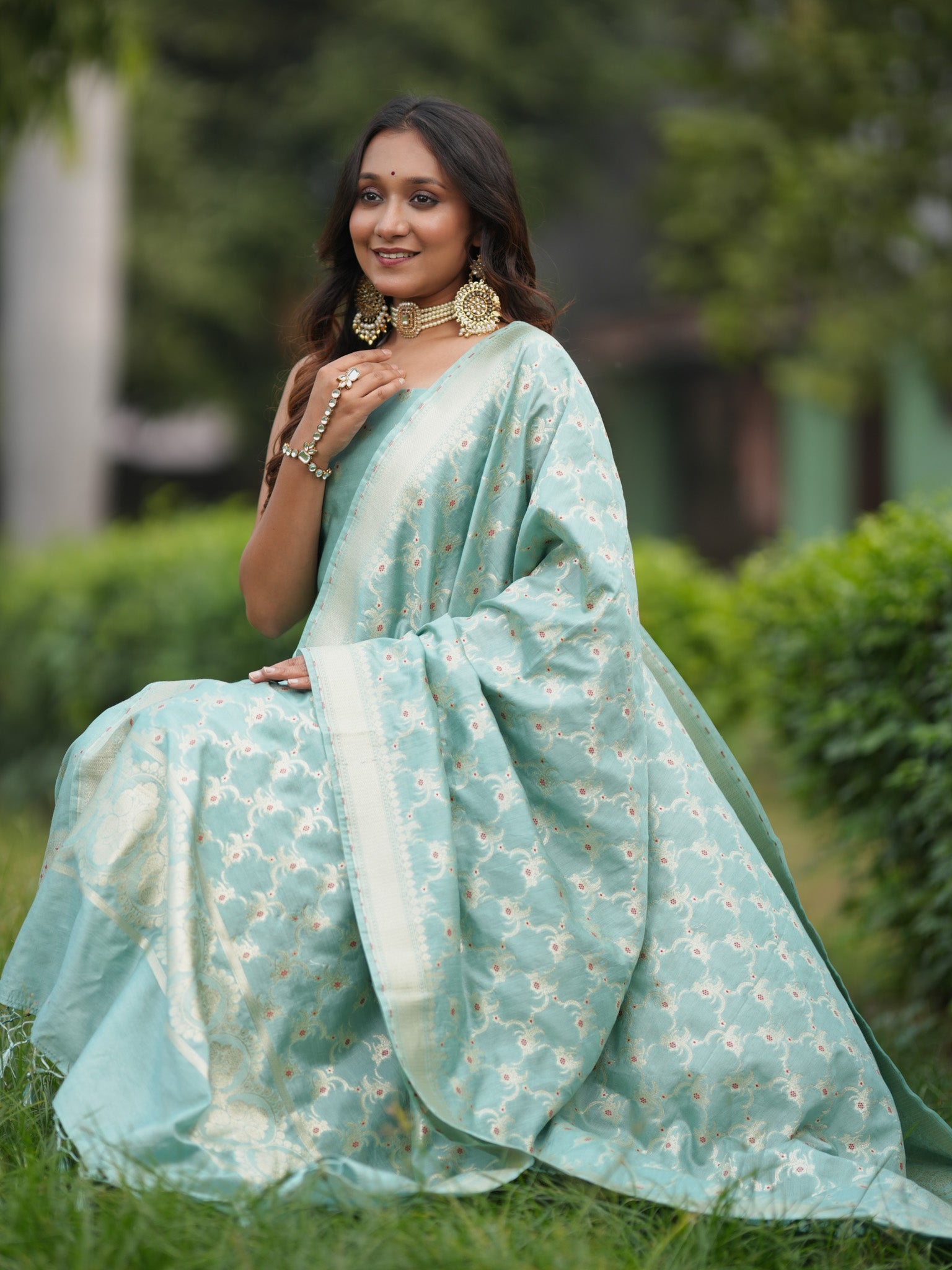 Banarasi Soft Cotton Salwar Kameez Fabric With Zari Dupatta- Green