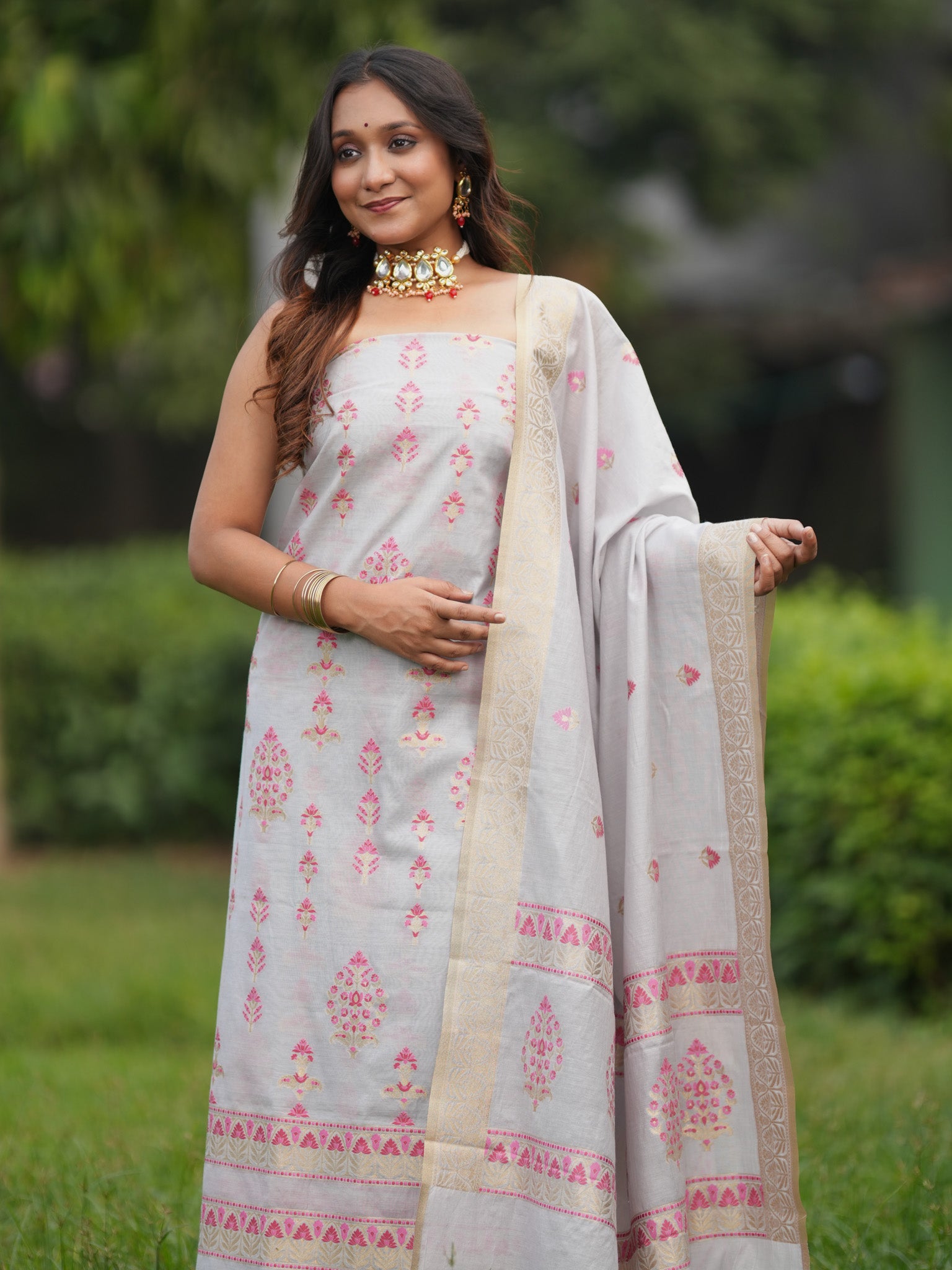 Banarasi Soft Cotton Salwar Kameez Fabric With Zari Dupatta- Grey & Pink