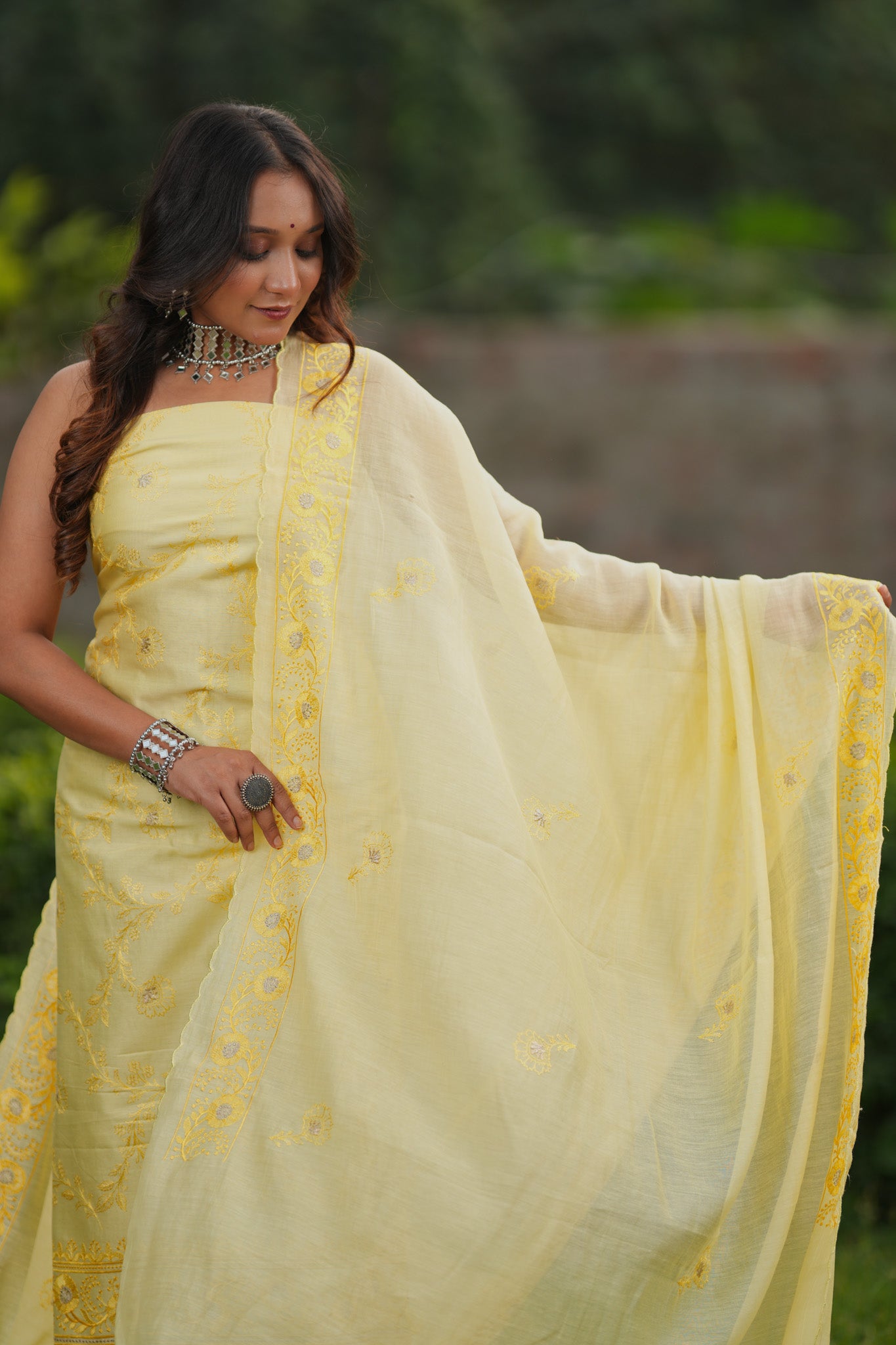 Banarasi Soft Cotton Embroidered Salwar Kameez Fabric With Dupatta- Yellow