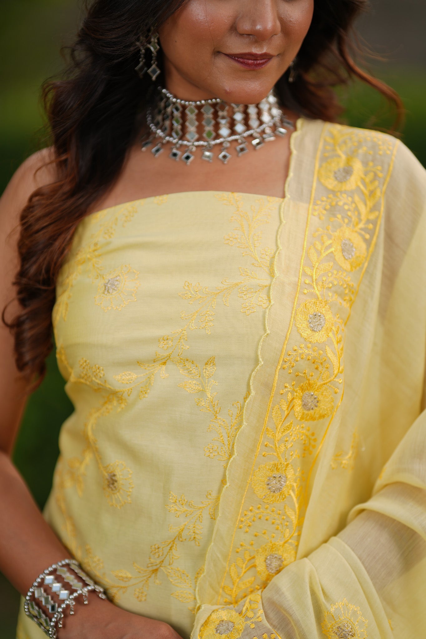 Banarasi Soft Cotton Embroidered Salwar Kameez Fabric With Dupatta- Yellow