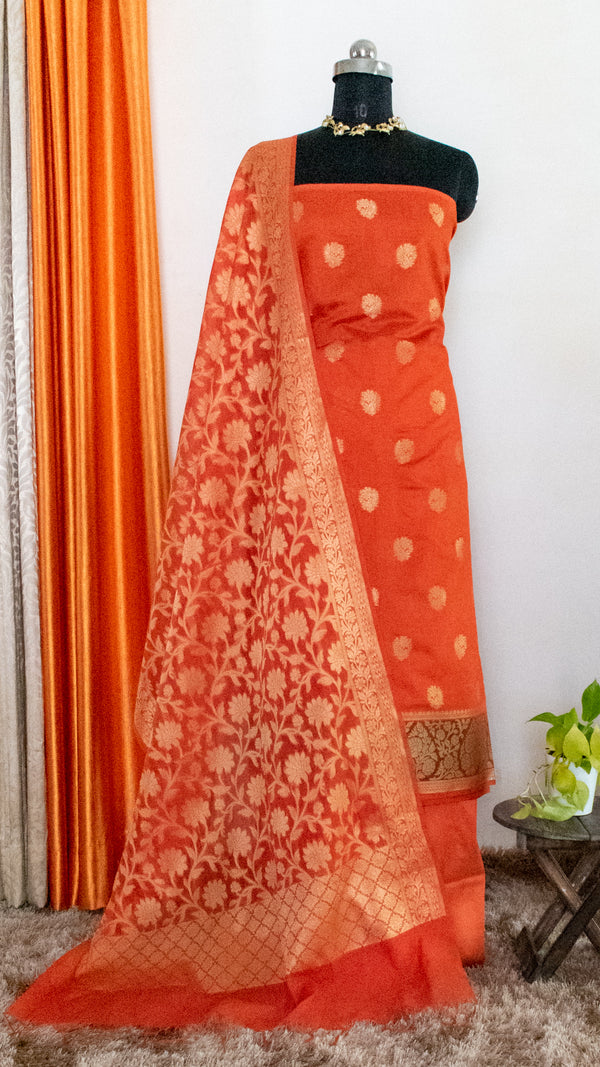 Banarasi Chanderi Cotton Shaded Salwar Kameez Material With Jaal Weaving Dupatta-Orange