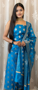 Banarasi Cotton Silk Salwar Kameez With Buti Dupatta-Blue